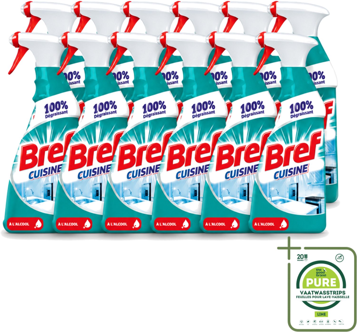 12 x Bref Keuken - Reinigingsspray - Ontvetter - Met Alcohol - 750 ml - Grootverpakking - Vaatwasstrips - Keuken Reinigen - Ontvetter - Keuken Spray - Werkblad Reinigen - Keuken Hygiëne