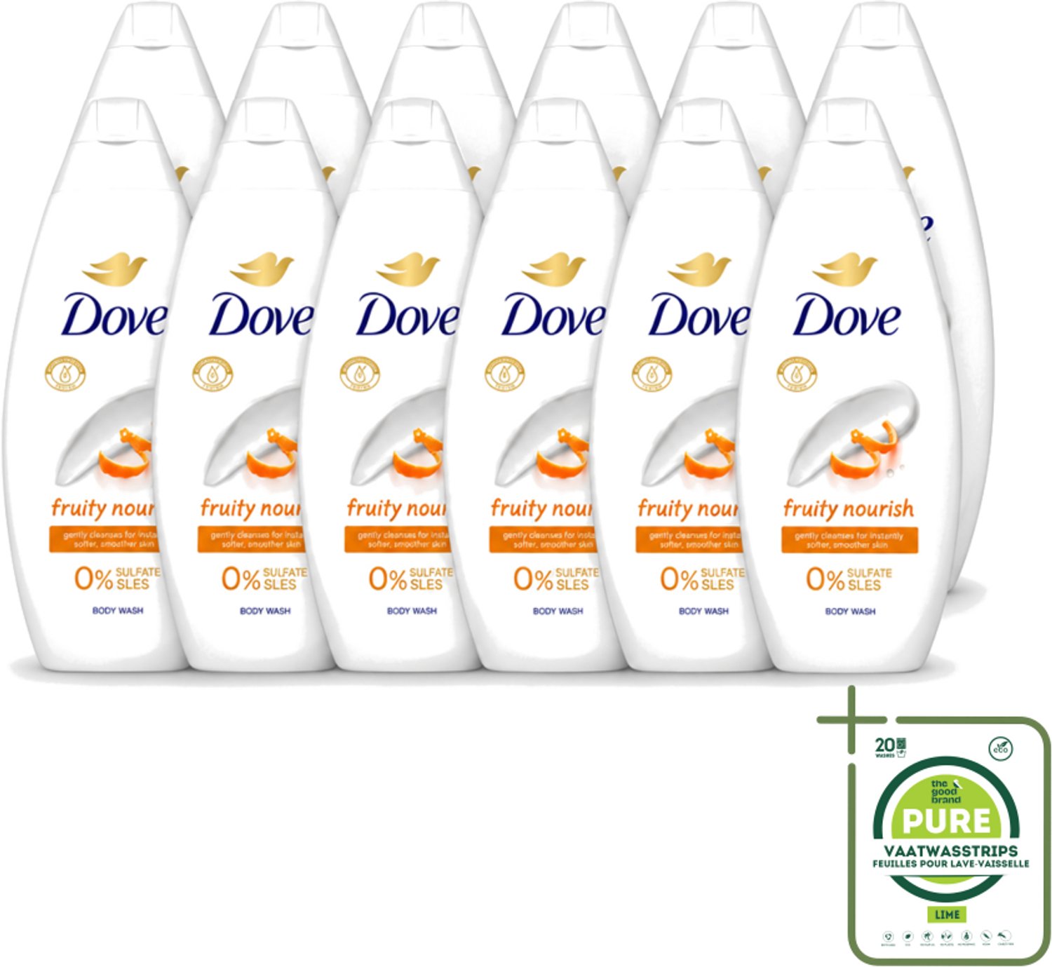 12 x Dove Fruity Nourish - Douchegel - Sulfaatvrij - 250 ml - Grootverpakking - Vaatwasstrips - Douchegel - Voedende Douchegel - Sulfaatvrije Douchegel - Fruitige Douchegel - Huidverzorging