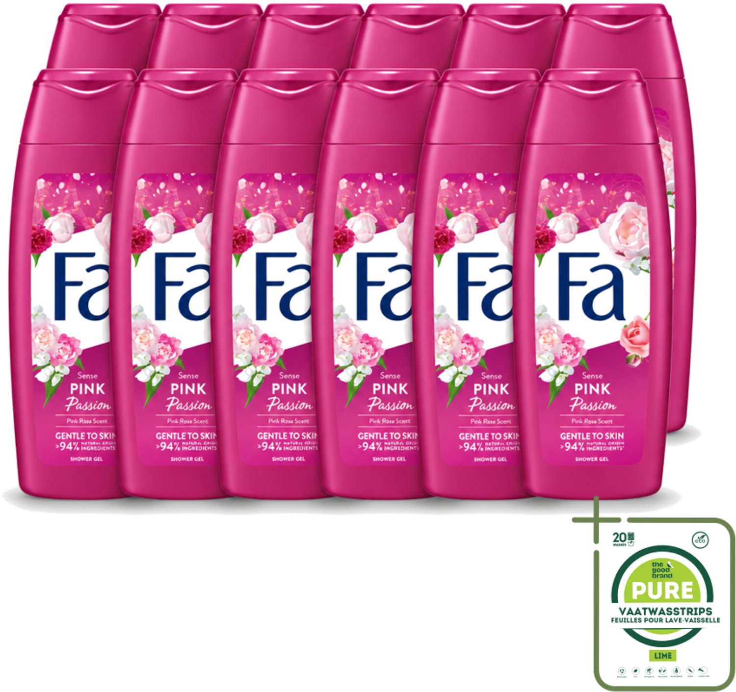 12 x Fa - Pink Passion - Douchegel - Roze Roos - 250 ml - Grootverpakking - Vaatwasstrips - Douchegel Roze Roos - Roze Roos Geur - Douchegel Voor Huid - Huid Verzorging - Verfrissende Douchegel