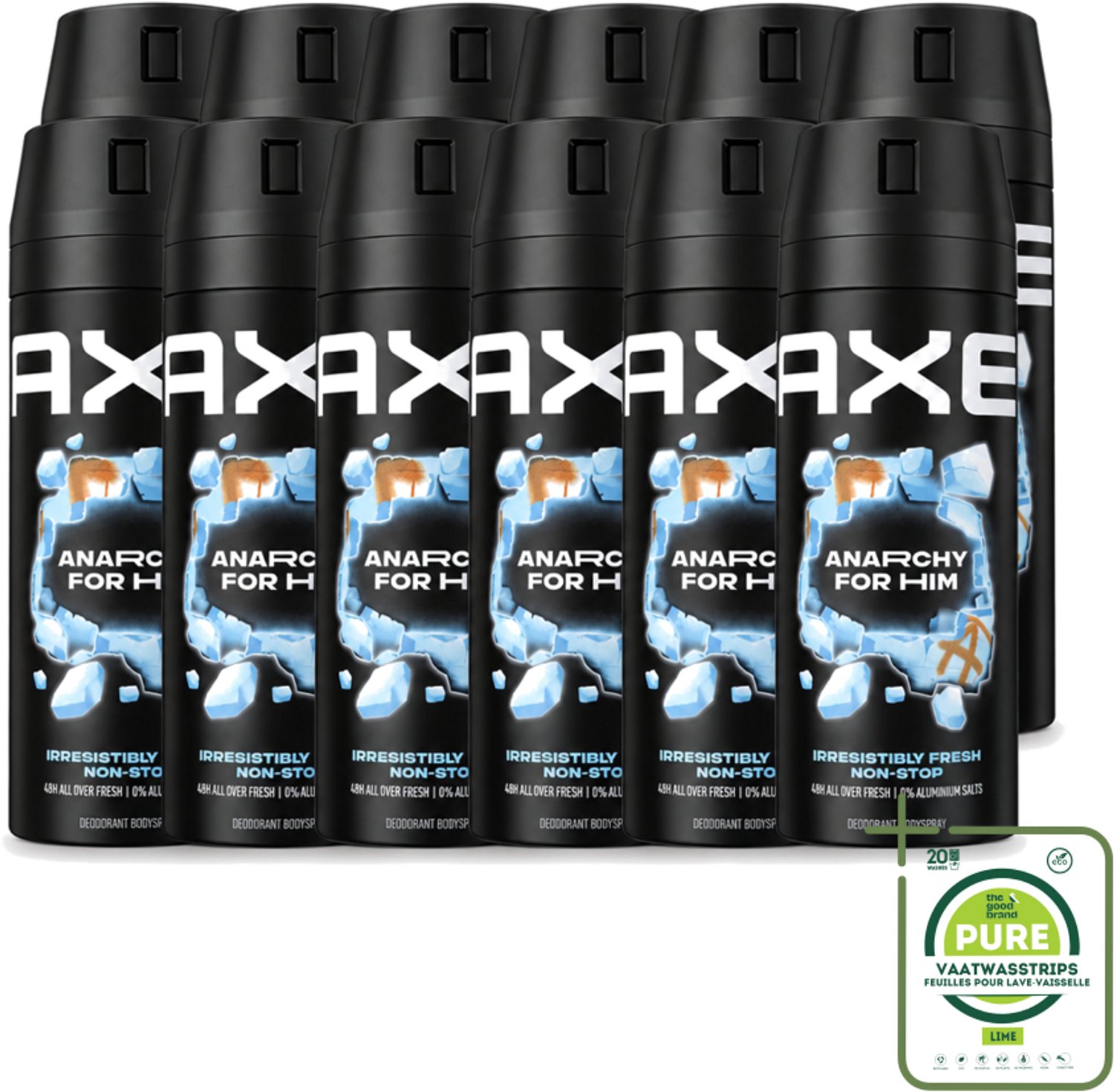 12 x Axe - Deodorant Bodyspray - 48hrs Fresh - Anarchy for Him - Dark Pomegranate & Sandalwood - 150 ml - Grootverpakking - Vaatwasstrips - 48 Uur Frisheid - Deodorant Bodyspray - Geur Van Granaatappel - Geur Van Sandelhout - Zinktechnologie
