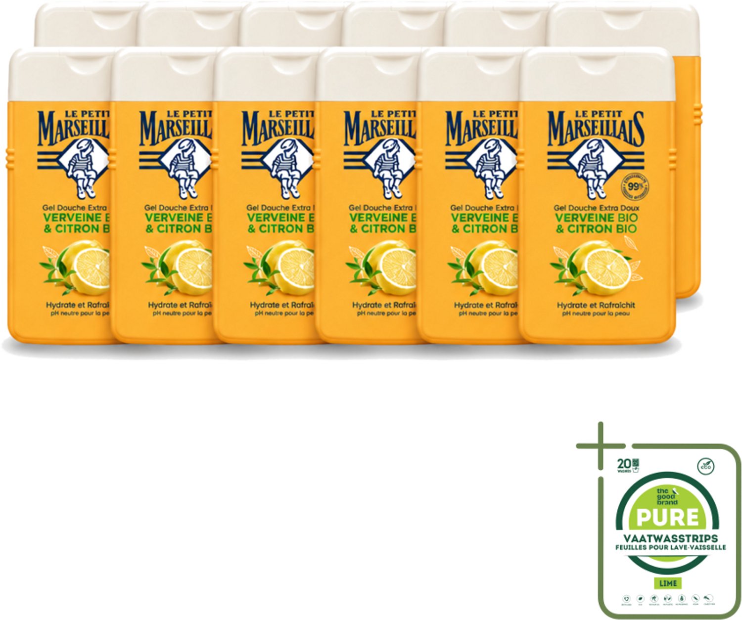 12 x Le Petit Marseillais - Douchegel - Citroen & Verbena - Hydraterend - 250ml - Grootverpakking - Vaatwasstrips - Douchegel Citroen Verbena - Hydraterende Douchegel - Citroen En Verbena - Biologische Douchegel - Neutrale PH Douchegel