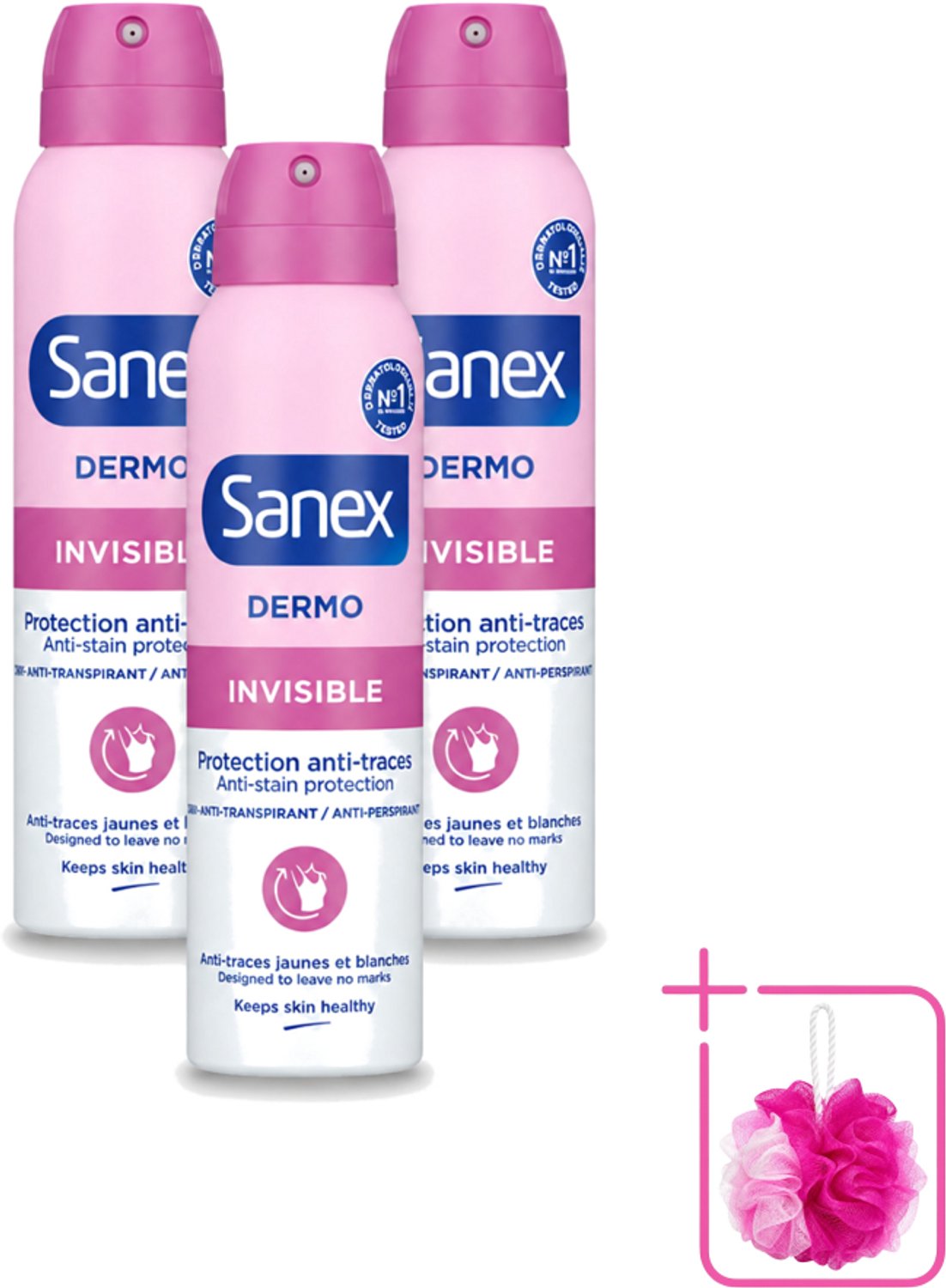 3 x Sanex – Deodorant Spray – Dermo Invisible – 150 ml - Bulkverpakking - Onzezichtbare deodorant - Douchemop - Deodorant spray