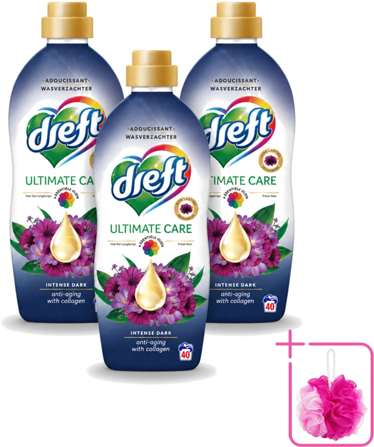 3 x Dreft – Wasverzachter – Ultimate Care Intense Dark – 40 Wasbeurten - Bulkverpakking - Wasverzachter - Douchemop - Kleurbescherming