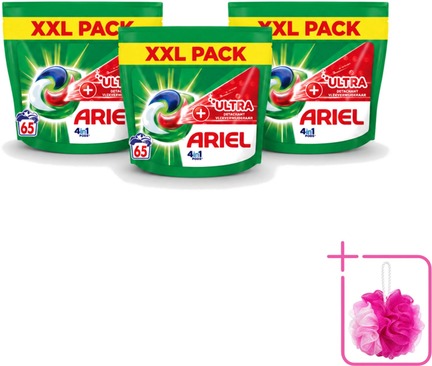 3 x Ariel – 4in1 Pods – Ultra Vlekverwijderaar – 65 wasbeurten - Bulkverpakking - Vlekverwijderaar wasmiddel - Douchemop - Krachtige waspods