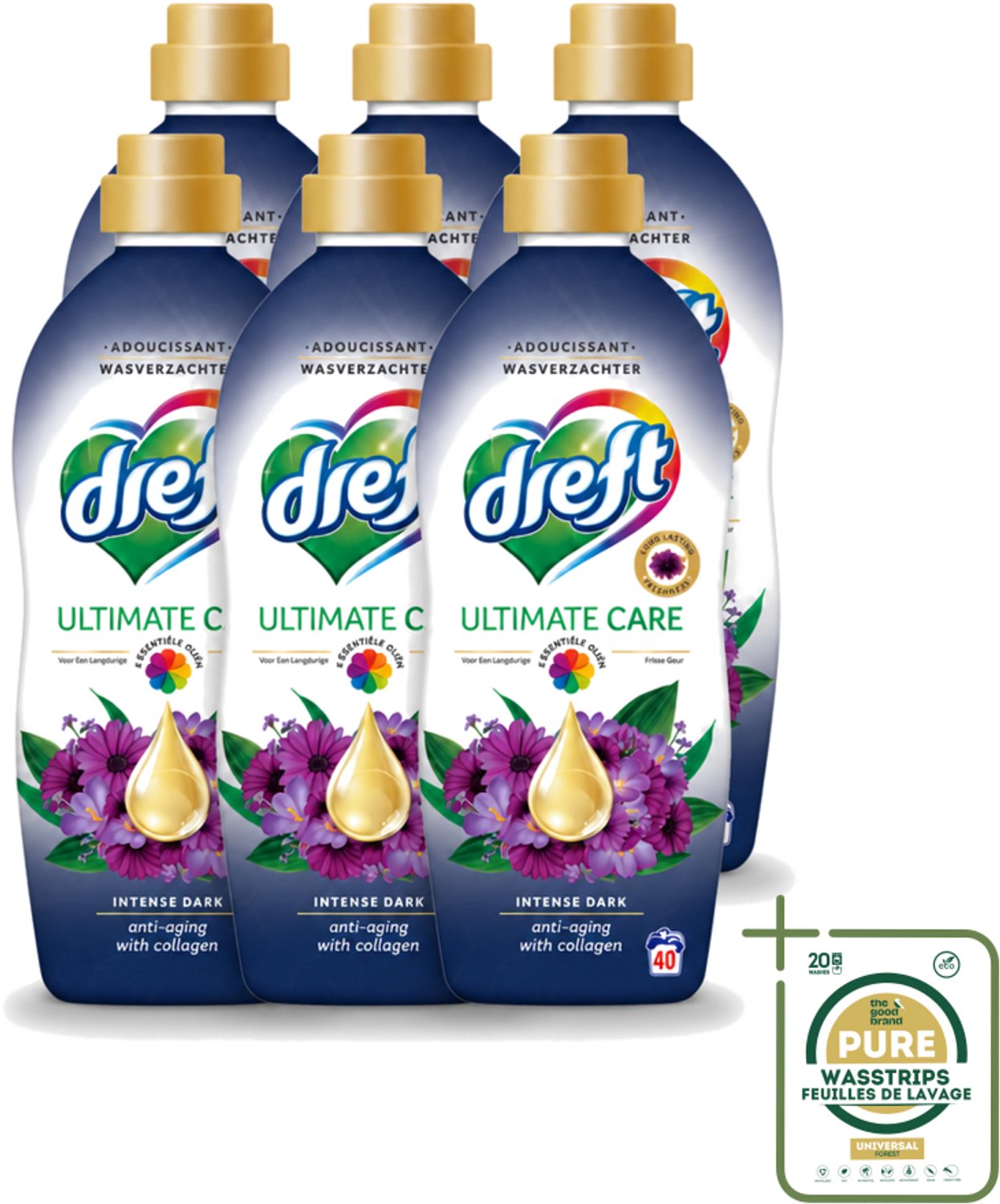 6 x Dreft – Wasverzachter – Ultimate Care Intense Dark – 40 Wasbeurten - Wasstrips - Wasverzachter - Kleurbescherming - Collageen - Wasgoed Verzorgen - Anti-aging Was