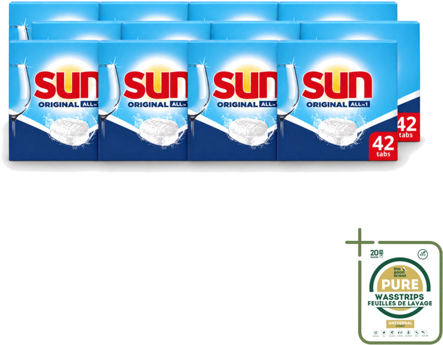 12 x Sun – Vaatwastabletten – Original – 42 tabletten - Wasstrips - Vaatwastabletten - Vaatwasser - Reiniging - Vaatwastablet - Vaatwastabletten Original