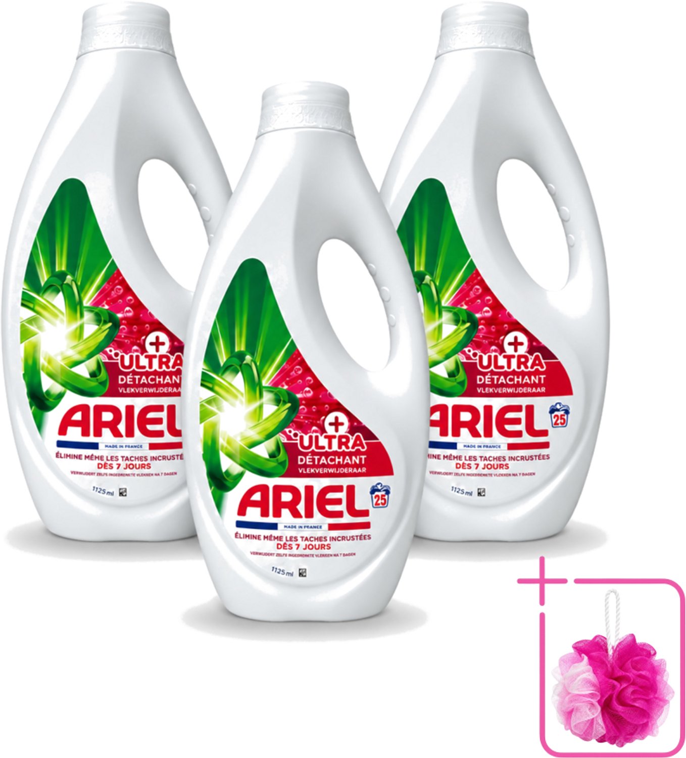 3 x Ariel – Vloeibaar Wasmiddel – Ultra Vlekverwijderaar – 1125 ml – 25 wasbeurten - Bulkverpakking - Vlekverwijderaar - Douchemop - Wasmiddel