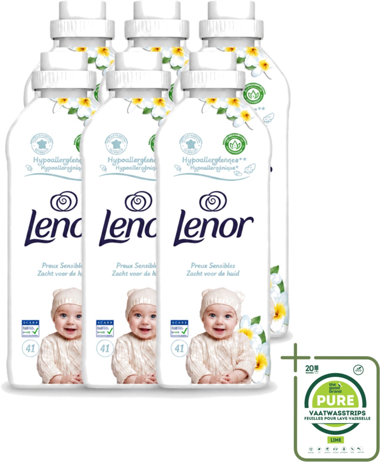 6 x Lenor - Wasverzachter - Gevoelig - Milde Geur - 41 Wasbeurten - Grootverpakking - Vaatwasstrips - Wasverzachter - Gevoelige Huid - Hypoallergenisch - Frisheid - Zachtheid