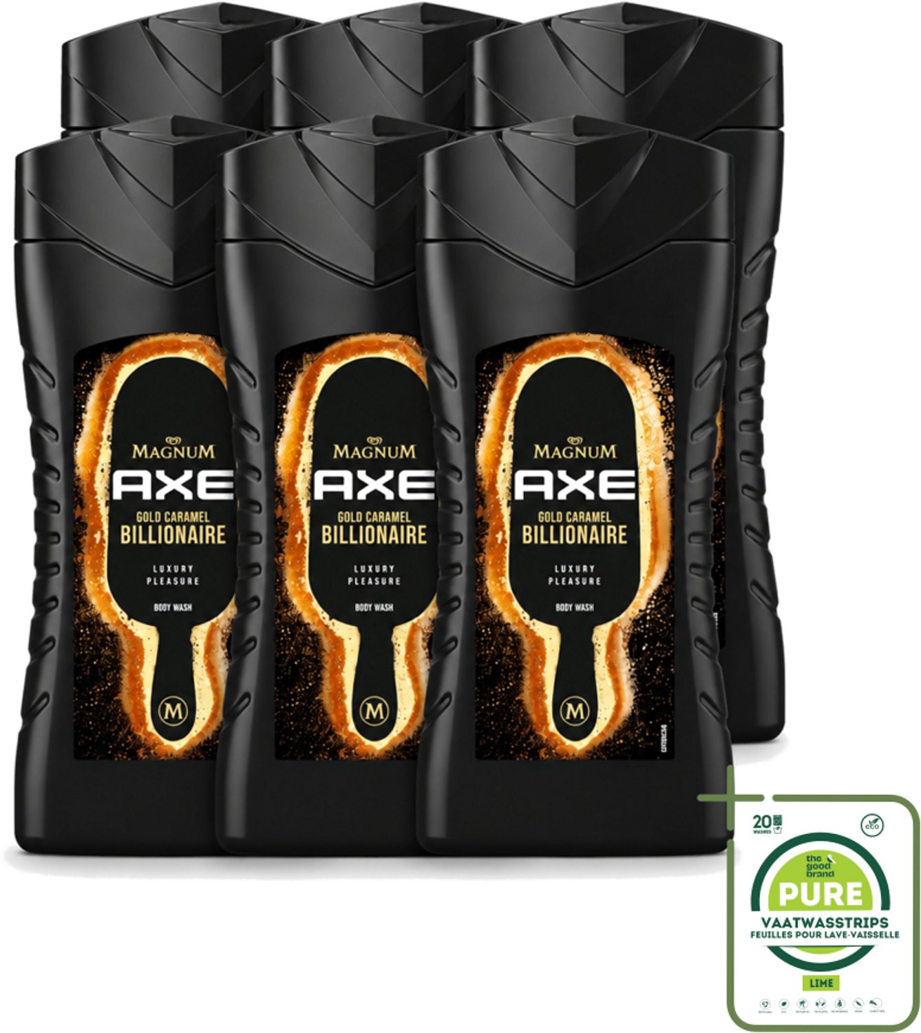6 x Axe X Magnum - Douchegel - Gold Caramel Billionaire - 250 ml - Grootverpakking - Vaatwasstrips - Douchegel - Lichaam - Gezicht - Haar - Chocolade