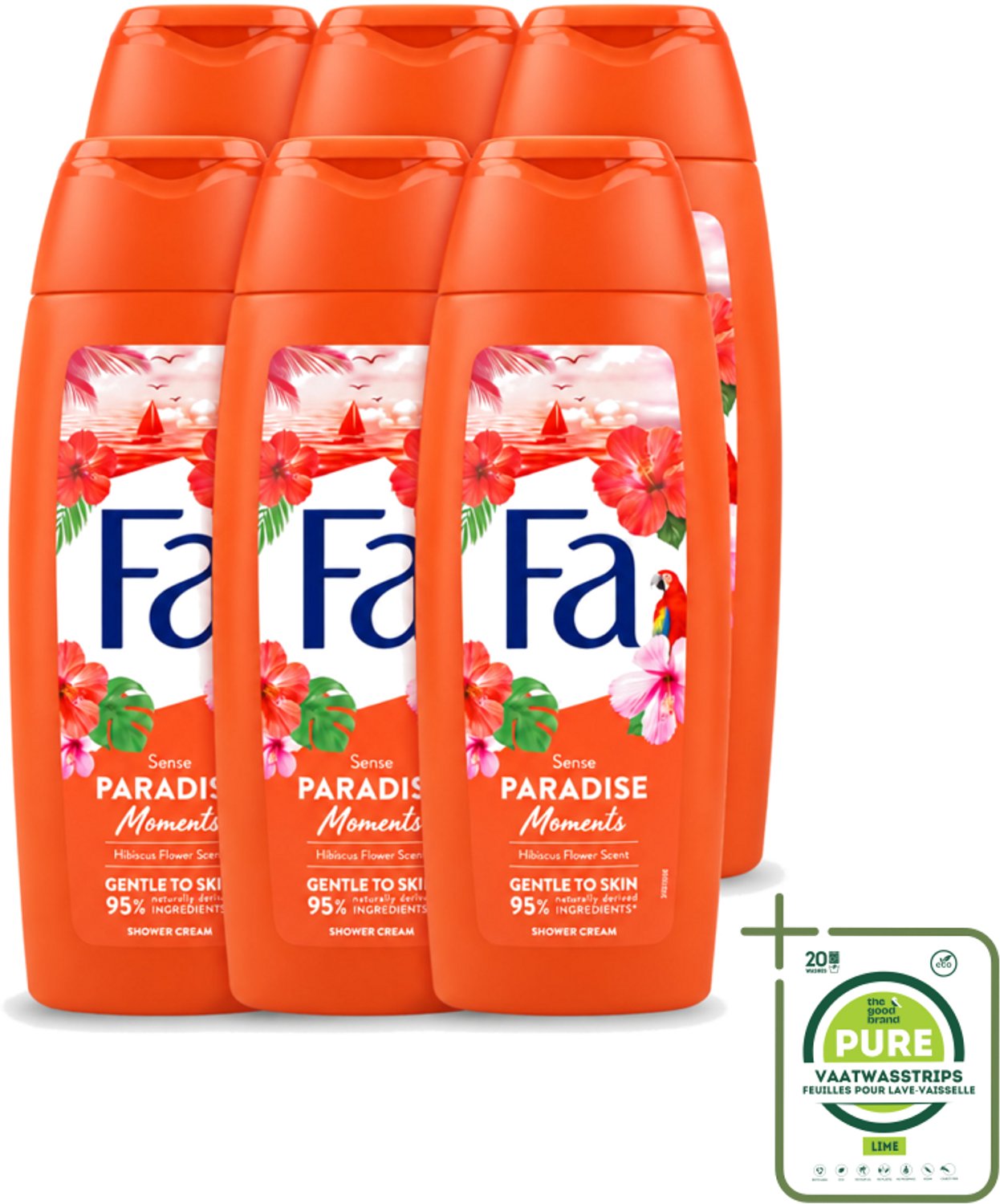 6 x Fa - Paradise Moments - Douchecrème - Hibiscusbloem - 250 ml - Grootverpakking - Vaatwasstrips - Douchecrème Hibiscusbloem - Vegan Douchecrème - Huidverzorgende Douchecrème - Hibiscusbloem Geur - Duurzame Douchecrème