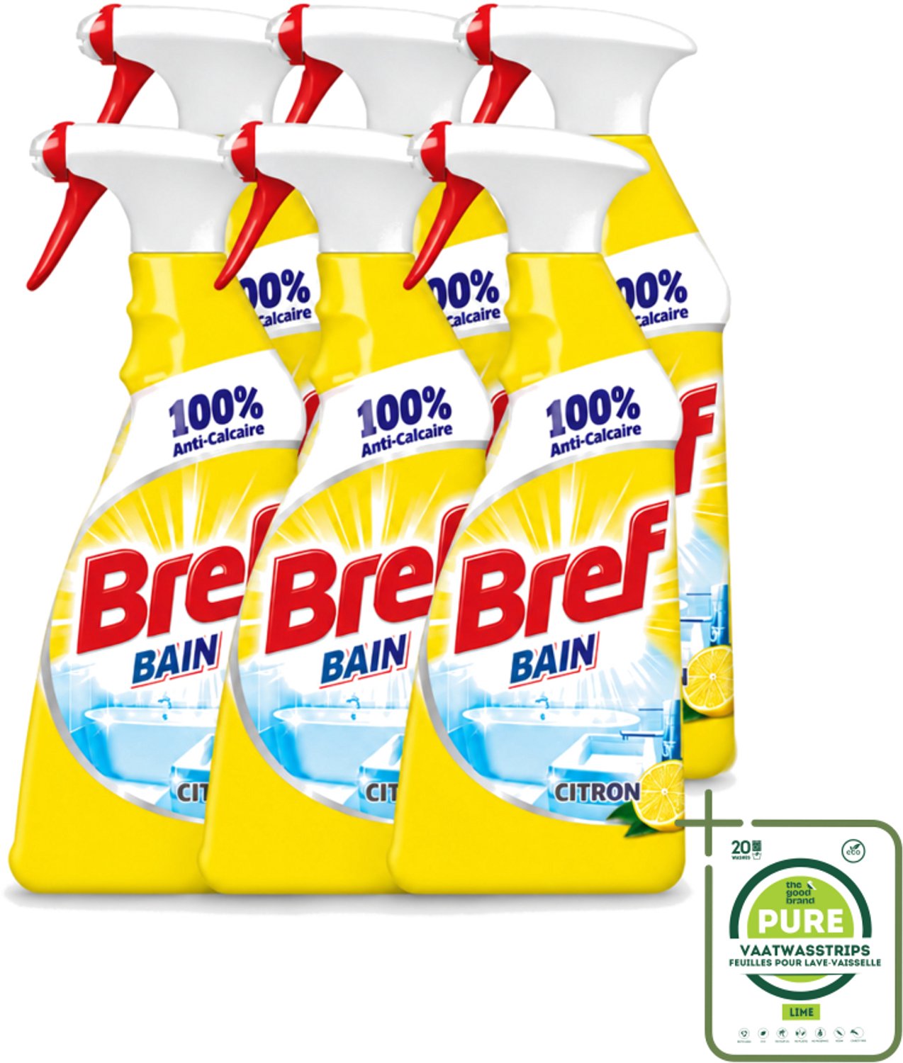 6 x Bref - Badkamerreiniger - Spray - Anti-Kalk - Citroen - 750 ml - Grootverpakking - Vaatwasstrips - Badkamer Reiniger - Kalkbestrijder - Zeep En Vuil Verwijderen - Citroenspray - Badkamer Reinigen