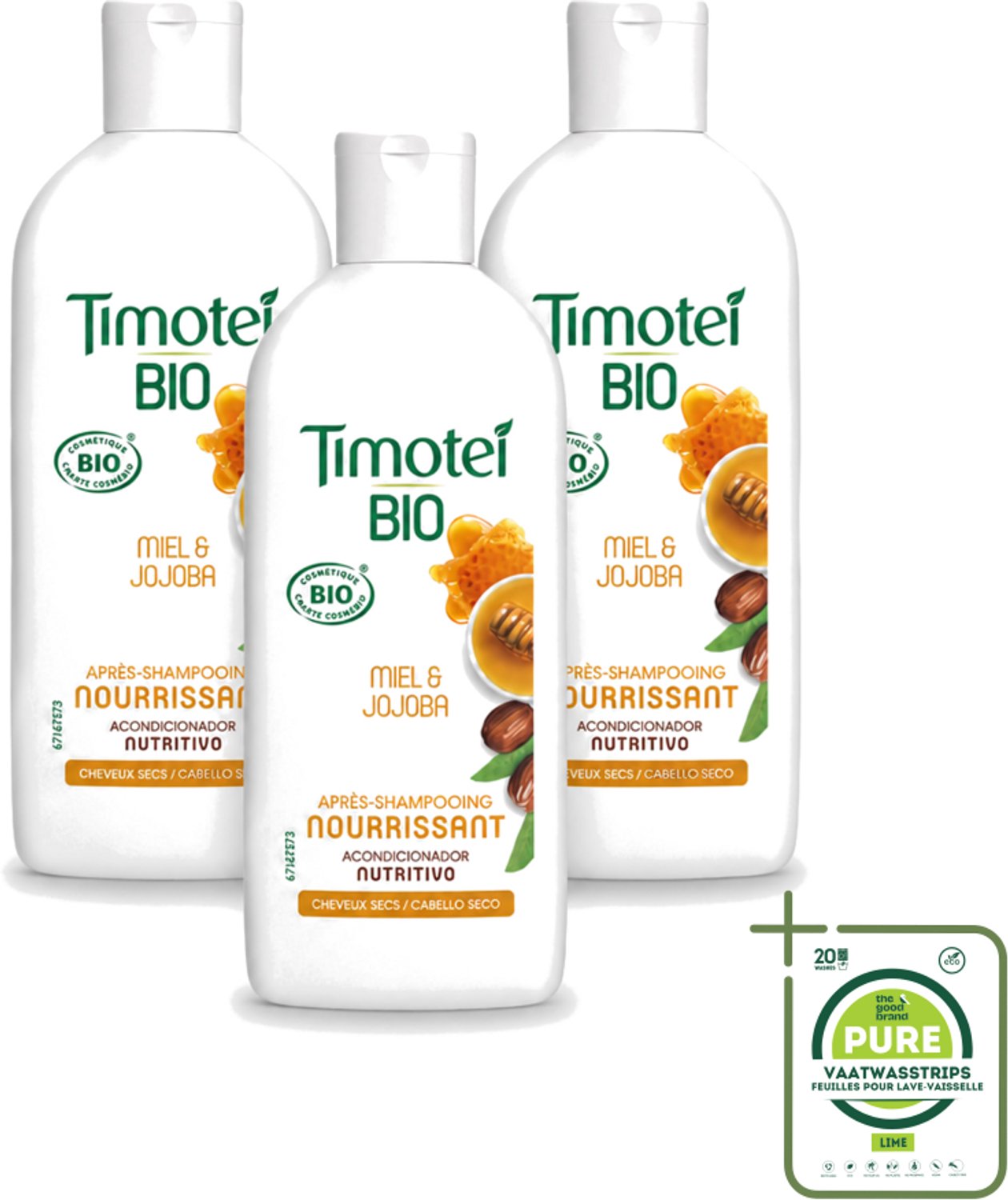 3 x Timotei - Crèmespoeling - Honing & Jojoba - Biologisch - Droog Haar & Droge Hoofdhuid - 250 ml - Grootverpakking - Vaatwasstrips - Crèmespoeling - Droog Haar - Droge Hoofdhuid - Honing - Jojoba-olie