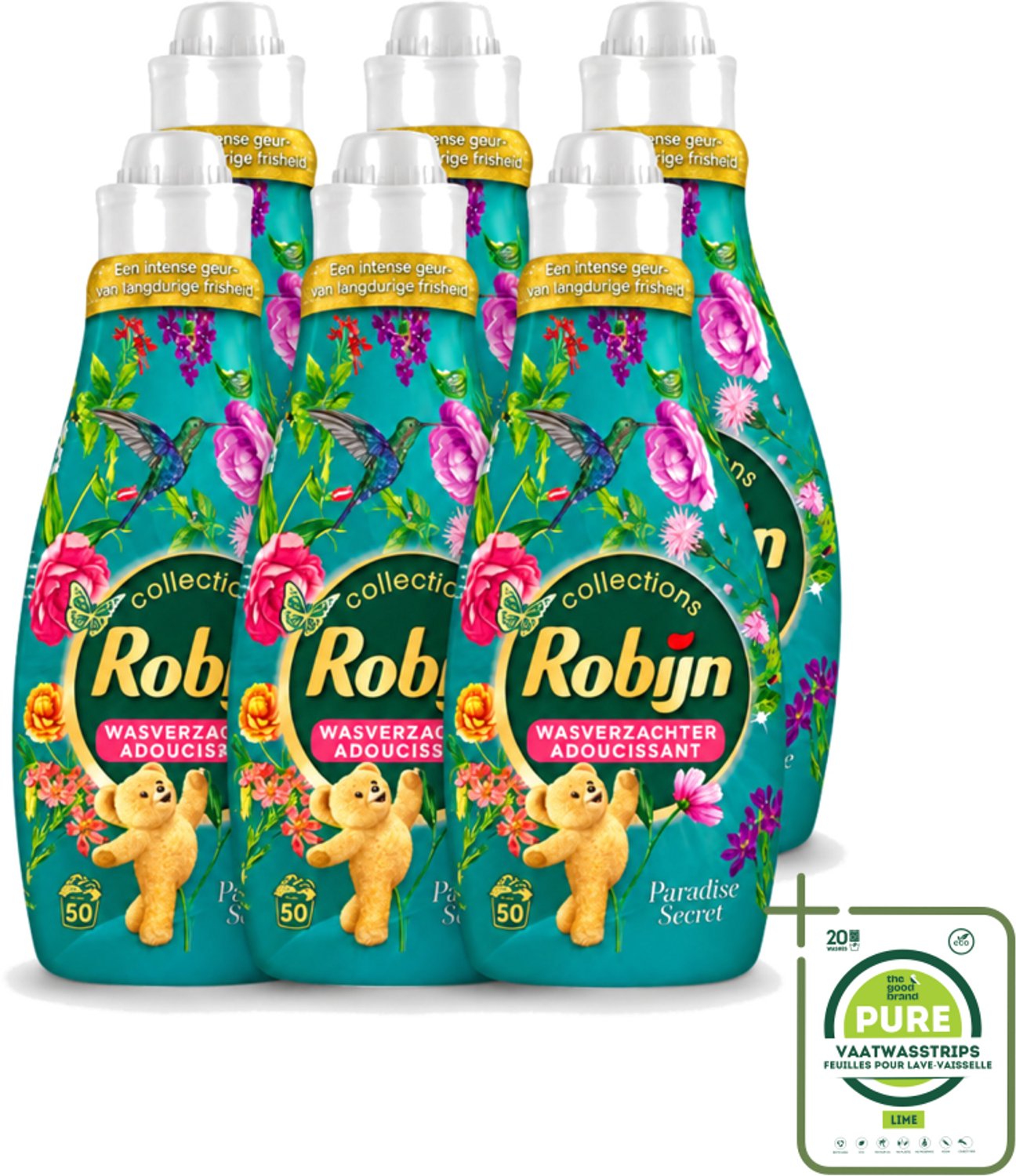 6 x Robijn Collections - Wasverzachter - Paradise Secret - 1,25L - 50 Wasbeurten - Grootverpakking - Vaatwasstrips - Wasverzachter - Luxe Wasverzachter - Parfum Wasverzachter - Zijdezachte Wasverzachter - Wasverzachter Voor Kleding
