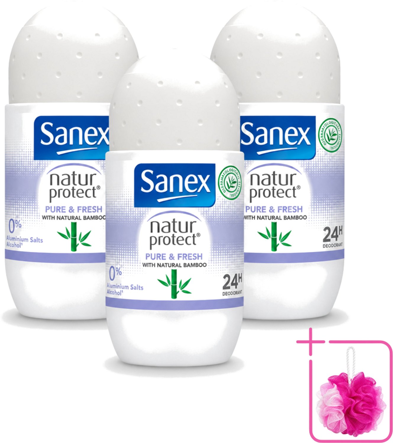 3 x Sanex Natur Protect - Deodorant Roller - Puur & Fris - Met Nattuurlijke Bamboo - 50 ml - Bulkverpakking - Natuurlijke deodorant - Douchemop - Bamboe deodorant