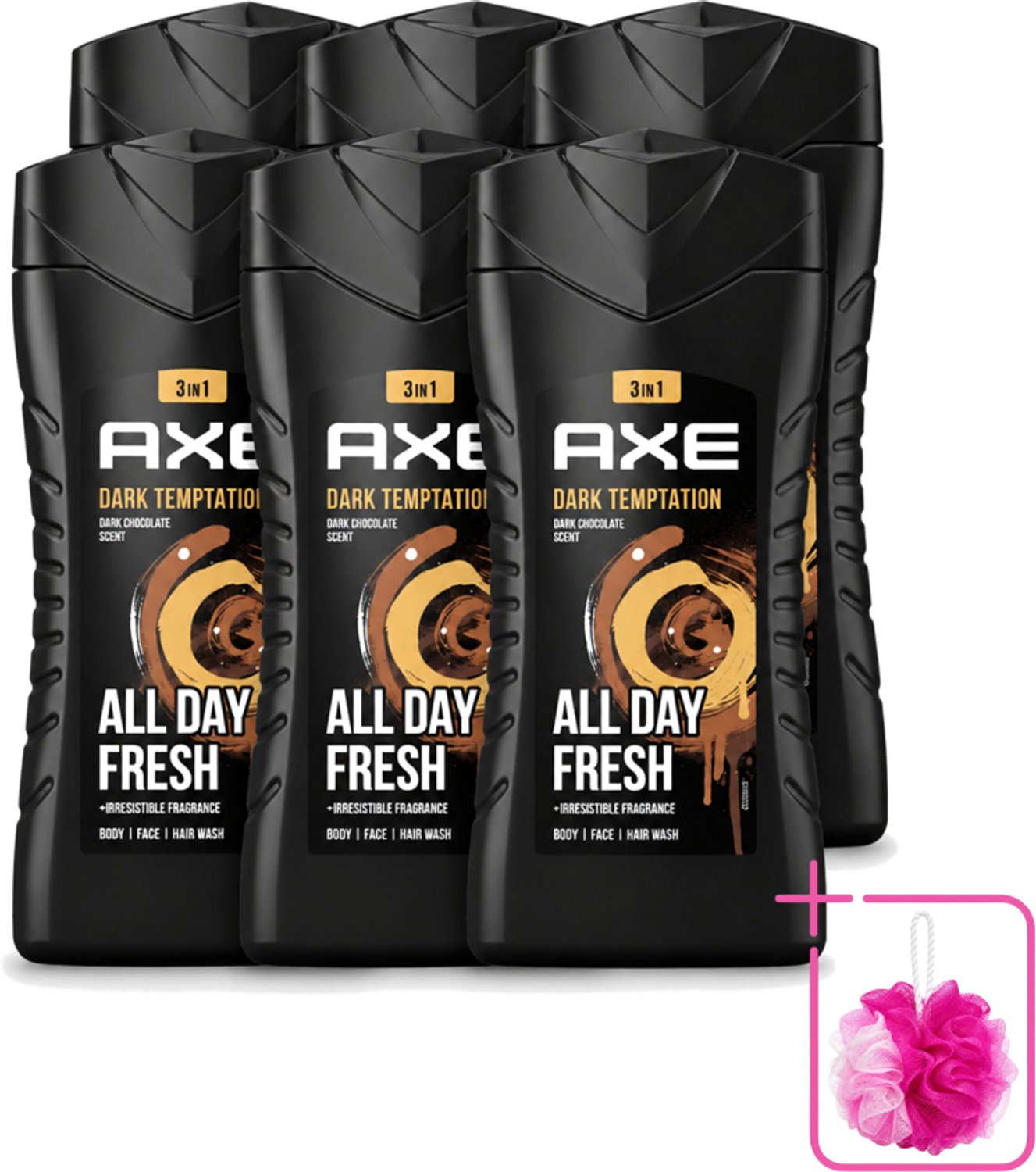 6 x Axe - 3-in-1 Douchegel - Dark Temptation - Dark Chocolate - 12hrs Long Lasting Scent - 250 ml - Bulkverpakking - Douchegel - Douchemop - Geur