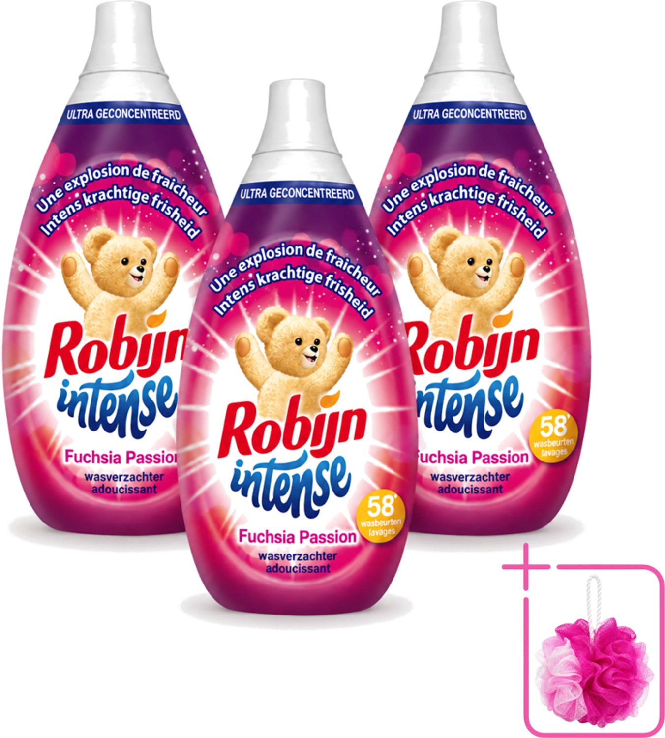 3 x Robijn Intense - Wasverzachter - Intense Fuchsia Passion - 870ml - 58 Wasbeurten - Bulkverpakking - Wasverzachter - Douchemop - Wasverzachter fuchsia passion