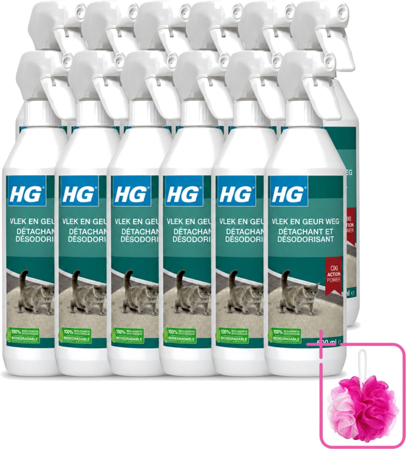 12 x HG - Vlek & Geur Weg - Tegen Kattengeuren- Oxi Action Power - 100% Biologisch - 500 ml - Bulkverpakking - Vlek verwijderen - Douchemop - Geur weg