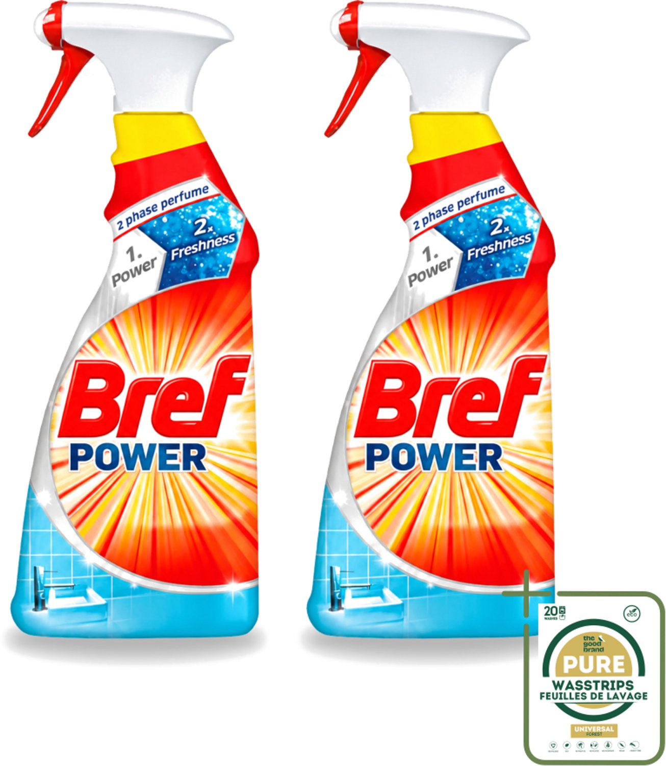 2 x Bref Power - Badkamerreiniger - Spray - Anti-Kalk & Vuil - Fris - 750 ml - Wasstrips - Kalk Verwijderen - Vuil Verwijderen - Badkamer Schoonmaken - Douchecabine Schoonmaken - Gootsteen Schoonmaken