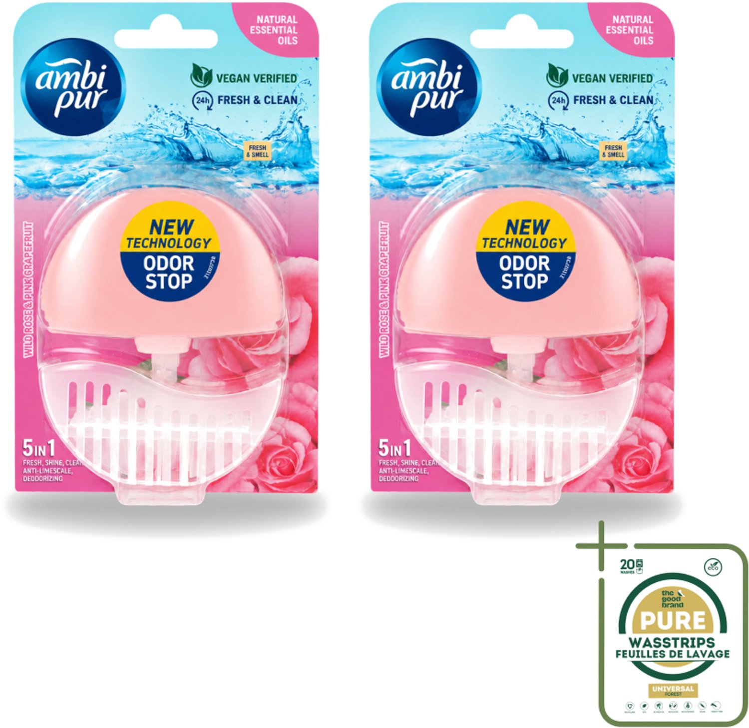 2 x Ambi Pur - Toiletblok - 5in1- Wilde Roos & Roze Grapefruit - 1 Blok - Wasstrips - Toilet - Toiletblok - Frisheid - Super Shine - Anti-kalk