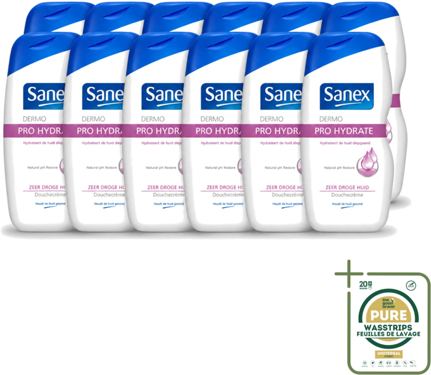 12 x Sanex Dermo - Pro Hydraterend - Douchecrème - Zeer Droge Huid - 500 ml - Wasstrips - Hydratatie Huid - Droge Huid - Douchecrème - Huidbescherming - Dermo Active 3 Complex