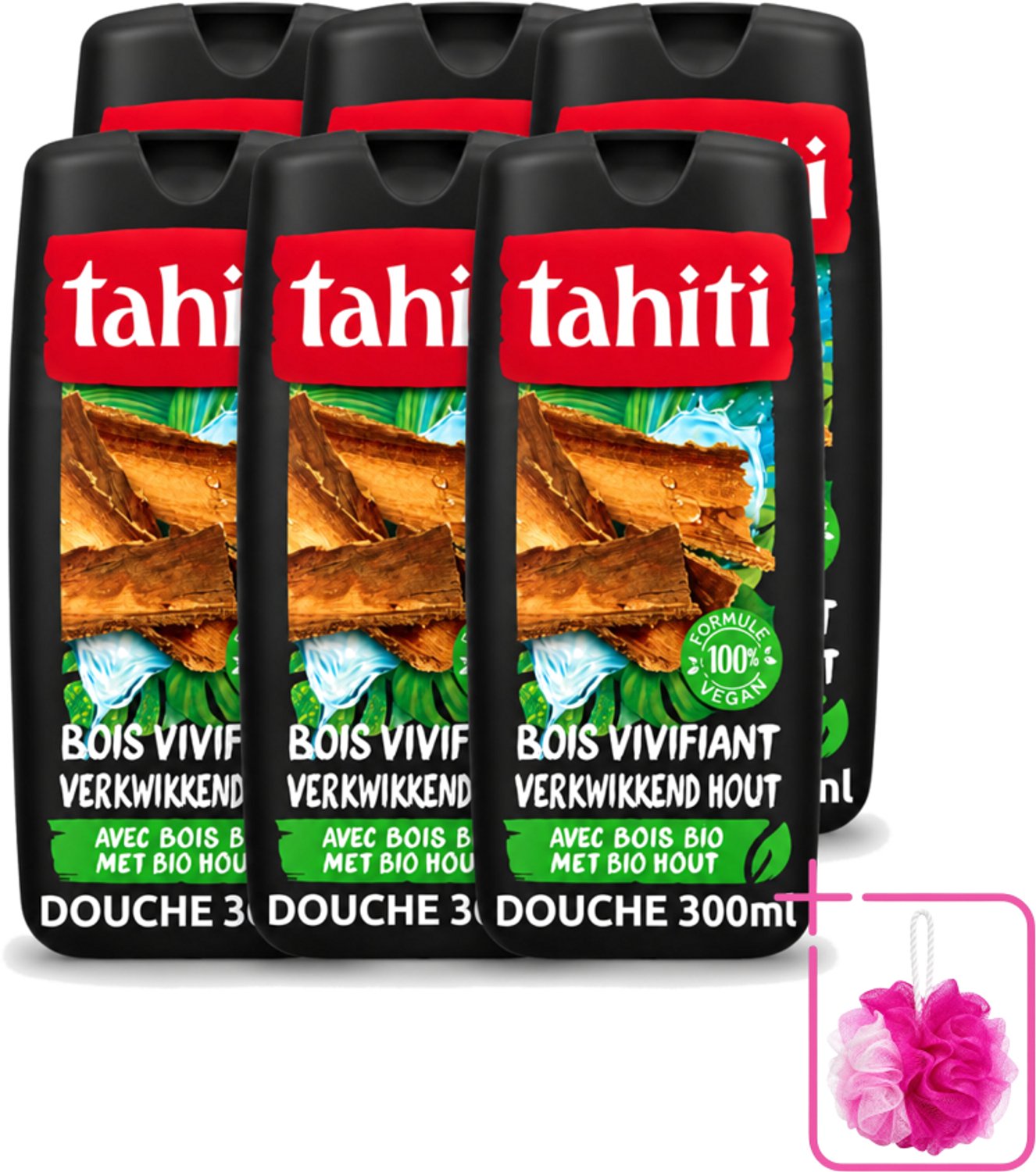 6 x Tahiti - Douchegel - Verkwikkend Bio Hout - 100% Vegan - 300 ml - Bulkverpakking - Douchegel - Douchemop - Houtgeur