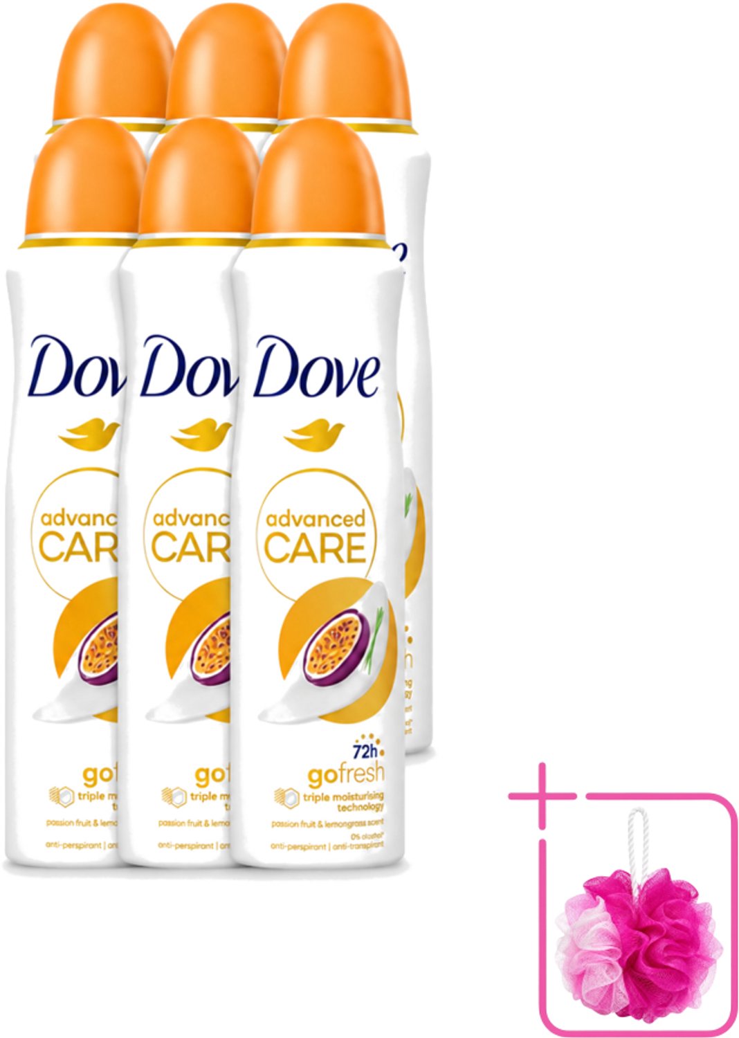 6 x Dove - Deospray - Passievrucht & Citroengras - 150 ml - Bulkverpakking - Passievrucht en citroengras - Douchemop - Anti-transpirant