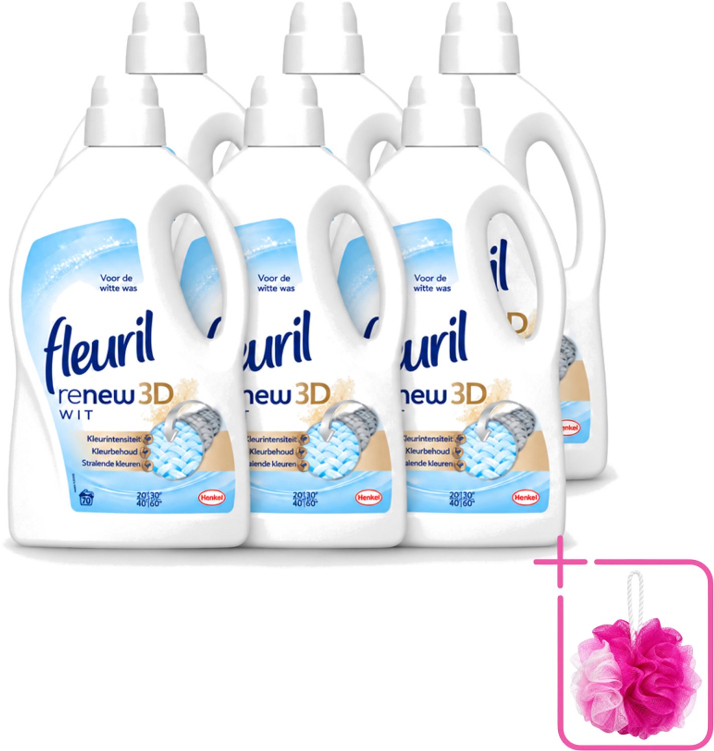 6 x Fleuril - Renew 3D - Vloeibaar Wasmiddel - Witte Was - 70 Wasbeurten - Bulkverpakking - Wasmiddel Witte Was - Douchemop - Witte Was