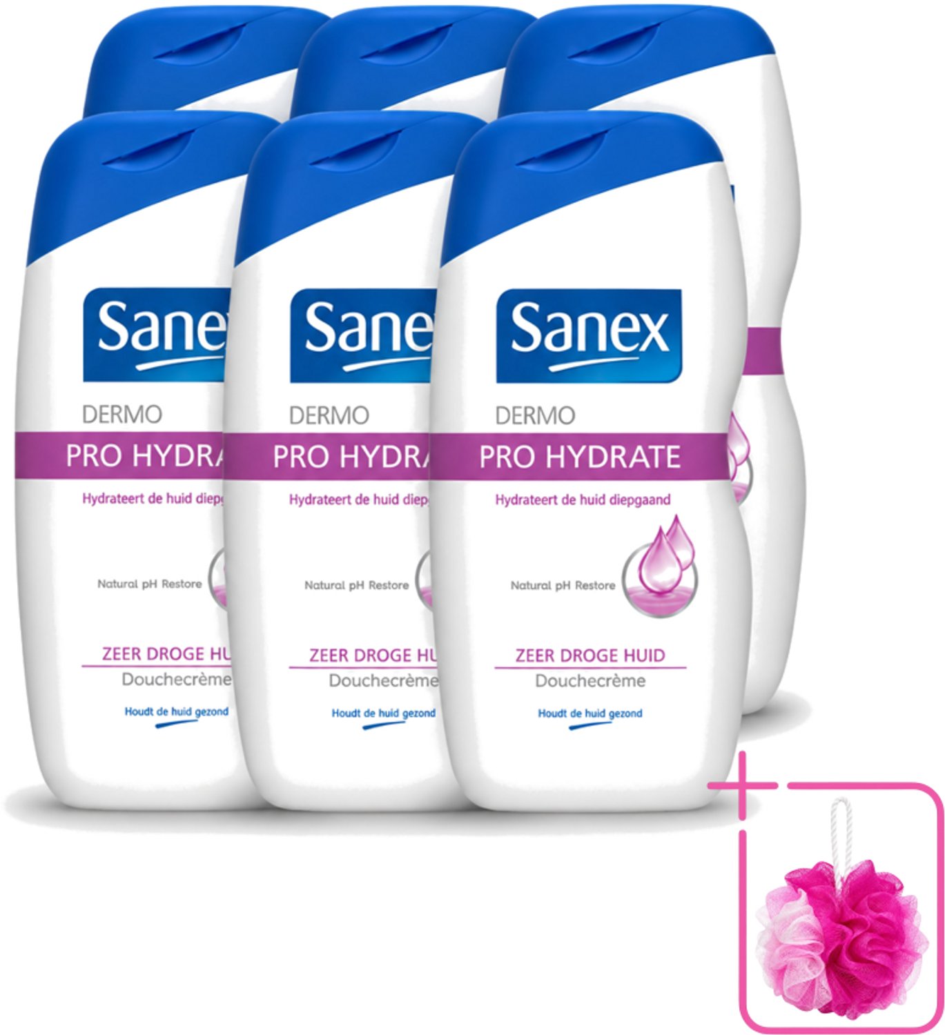 6 x Sanex Dermo - Pro Hydraterend - Douchecrème - Zeer Droge Huid - 500 ml - Bulkverpakking - Hydratatie huid - Douchemop - Droge huid
