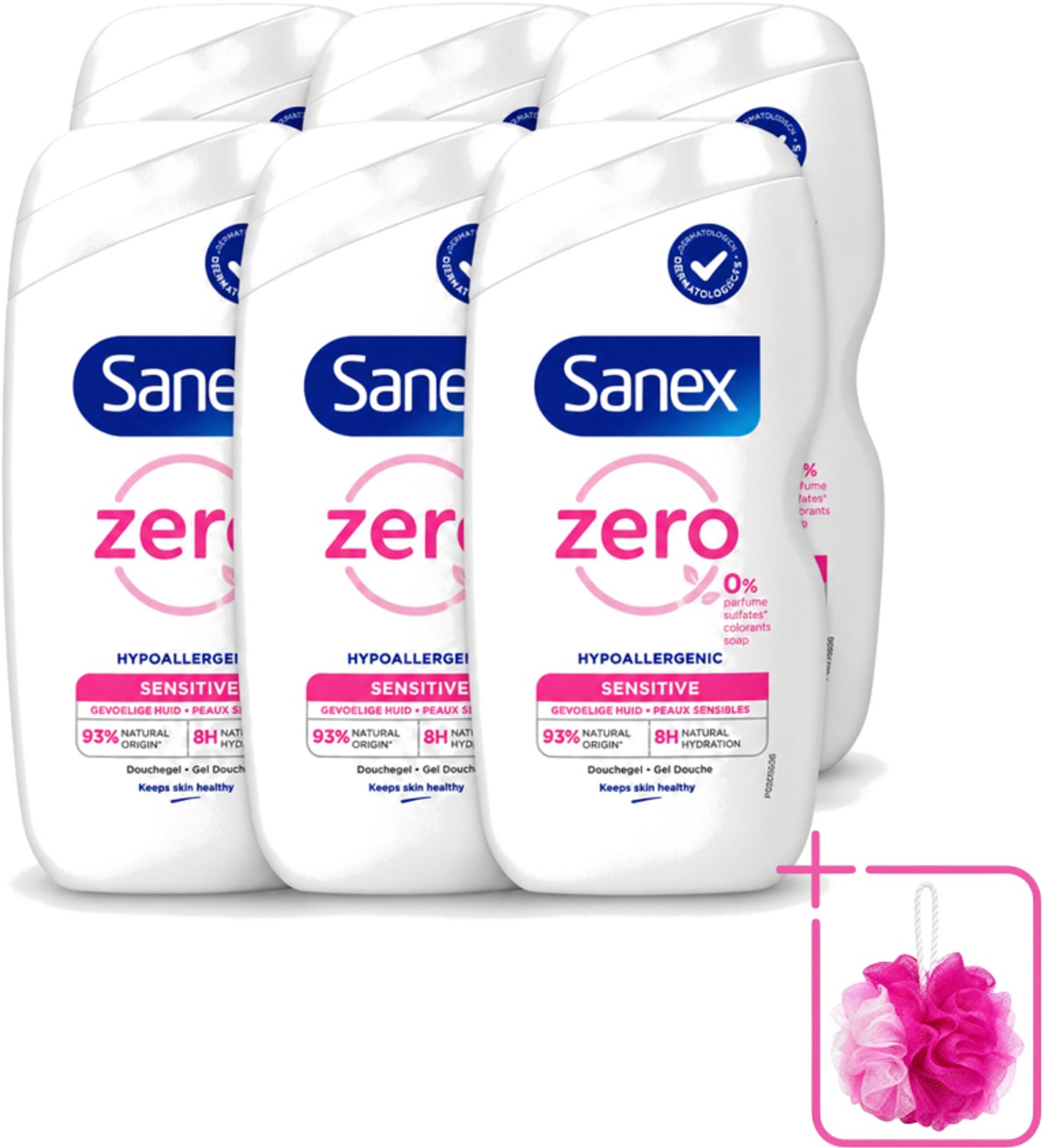6 x Sanex Zero% - Douchegel - Gevoelige Huid - 0% Parfumsulfaten - Hypoallergeen - 400 ml - Bulkverpakking - Gevoelige huid - Douchemop - Hypoallergene douchegel