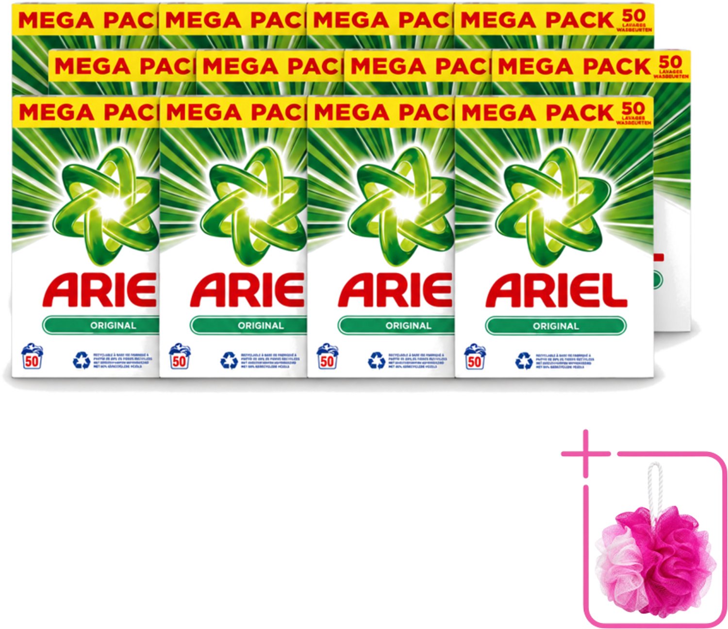 12 x Ariel Original - Waspoeder - Witte en Lichtgekleurde Was - 50 Wasbeurten - Bulkverpakking - Waspoeder - Douchemop - Reiniging