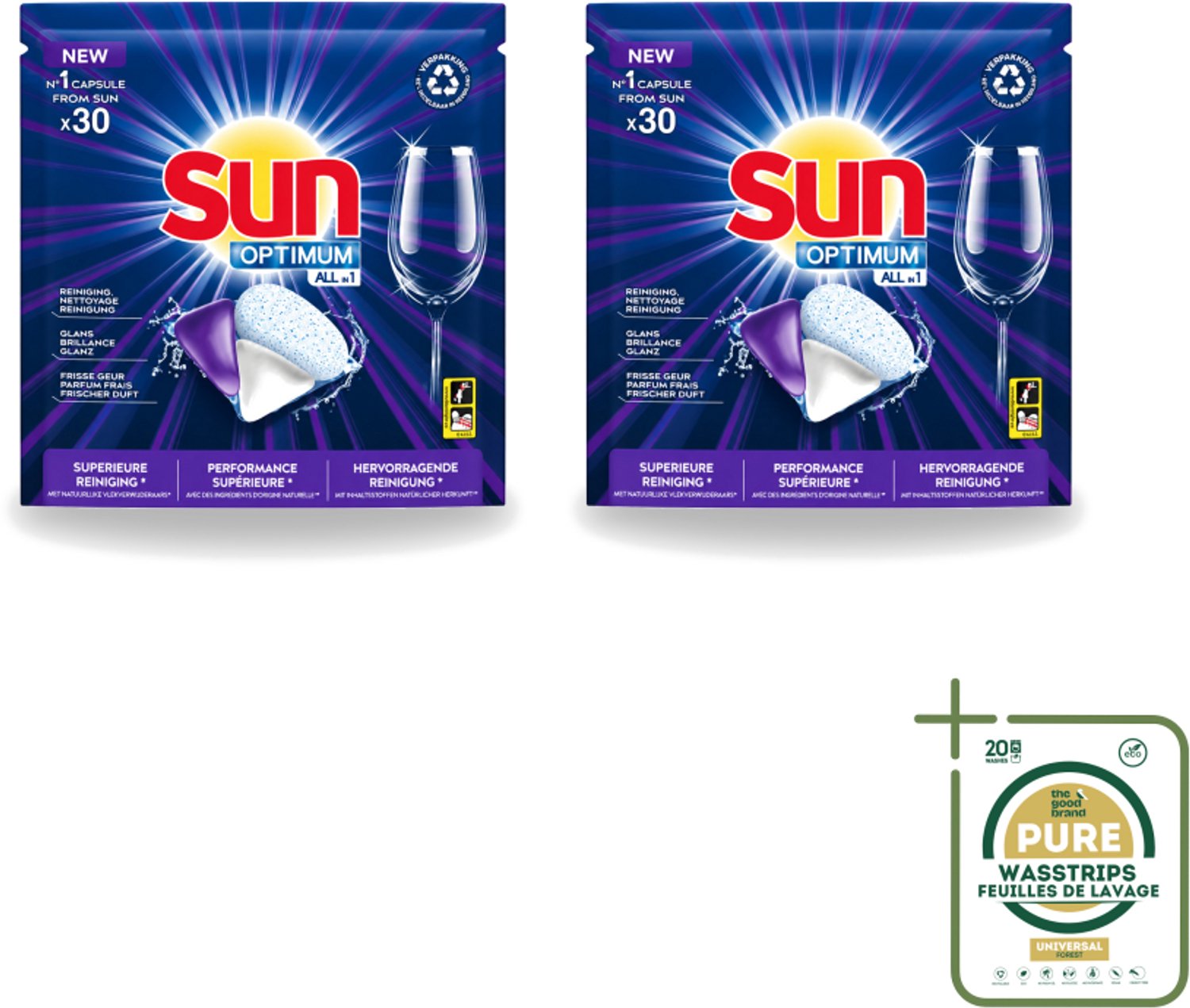 2 x Sun Optimum - All-in-1 - Vaatwasmiddel - Capsules - Maandbox - 30 Capsules - Wasstrips - Vaatwasmiddel - Vaatwasmiddel Capsule - Vaatwasmiddel All-in-1 - Vaatwasmiddel Voor Vaatwasser - Vaatwasmiddel Met Spoelglans