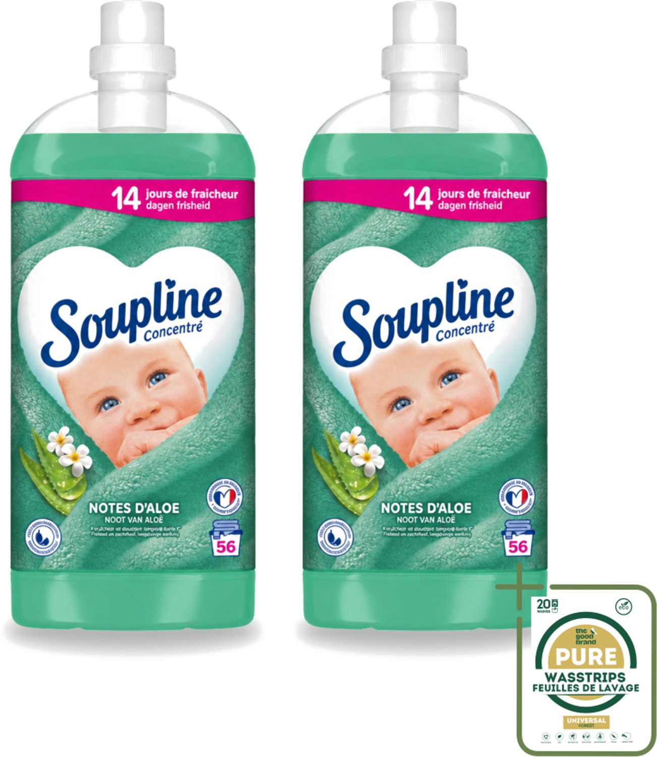 2 x Soupline - Wasverzachter - Aloë Vera - 56 Wasbeurten - 1.3L - Wasstrips - Wasverzachter Aloë Vera - Frisse Geur - Zachte Kleding - 14 Dagen Frisheid - Natuurlijke Geur