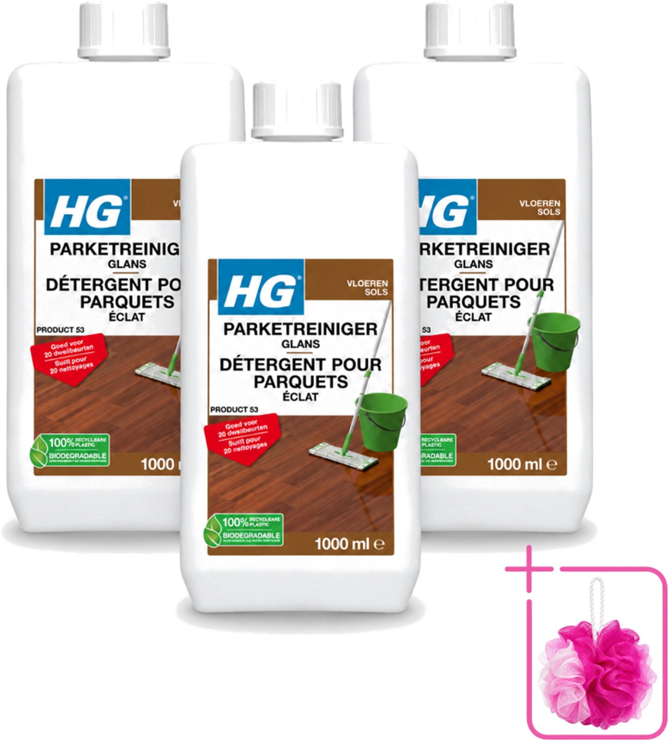 3 x HG - Vloeren - Parketreiniger Glans - 20 Dweilbeurten - 1L - Bulkverpakking - Parket reinigen - Douchemop - Parket glans herstellen