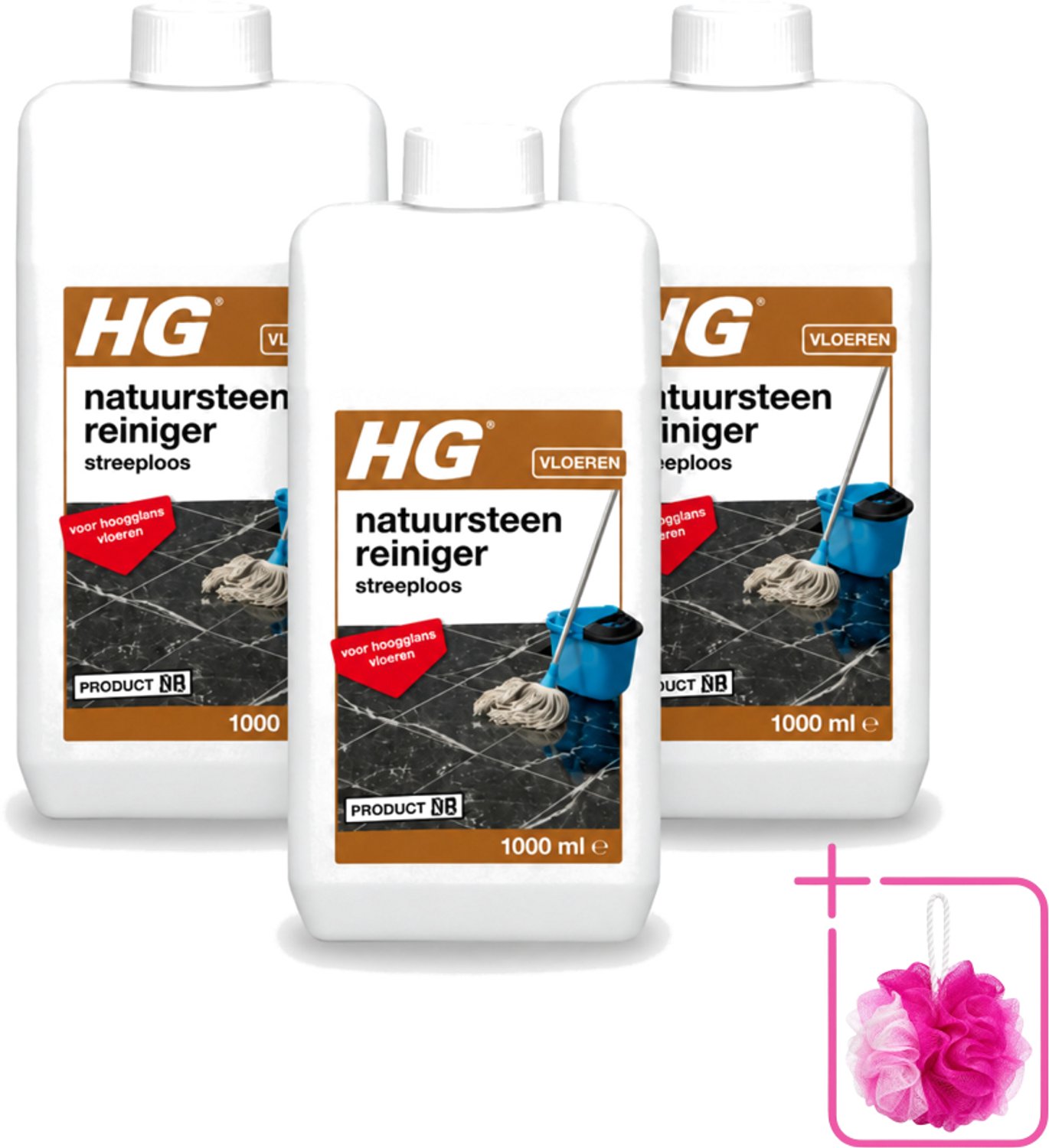 3 x HG - Natuursteenreiniger Streeploos - Voor Hoogglans Vloeren - 20 Dweilbeurten - 1L - Bulkverpakking - Natuursteen reinigen - Douchemop - Hoogglans vloeren reinigen