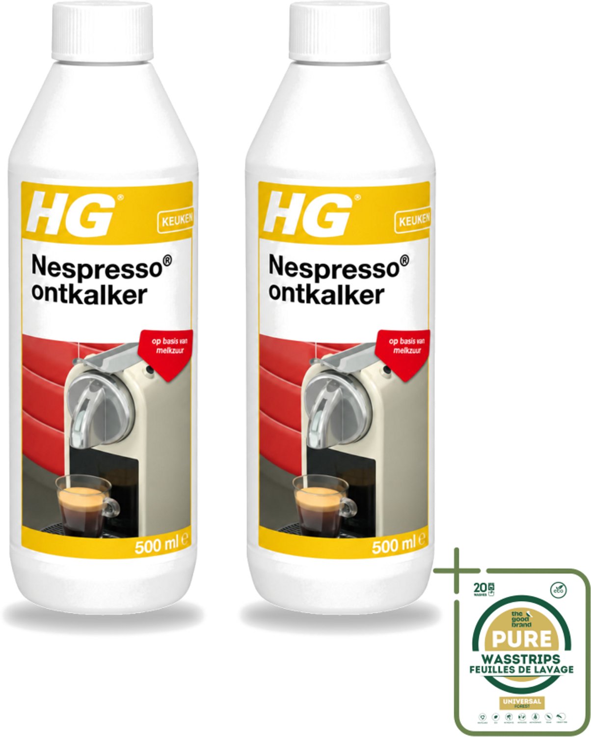 2 x HG - Nespresso Ontkalker - Op Basis Van Melkzuur - 4 tot 5 Reinigingsbeurten - 500 ml - Wasstrips - Ontkalken Nespresso Machine - Ontkalkmiddel - Melkzuur Ontkalker - Kalkvoorkomend - Biologisch Afbreekbaar
