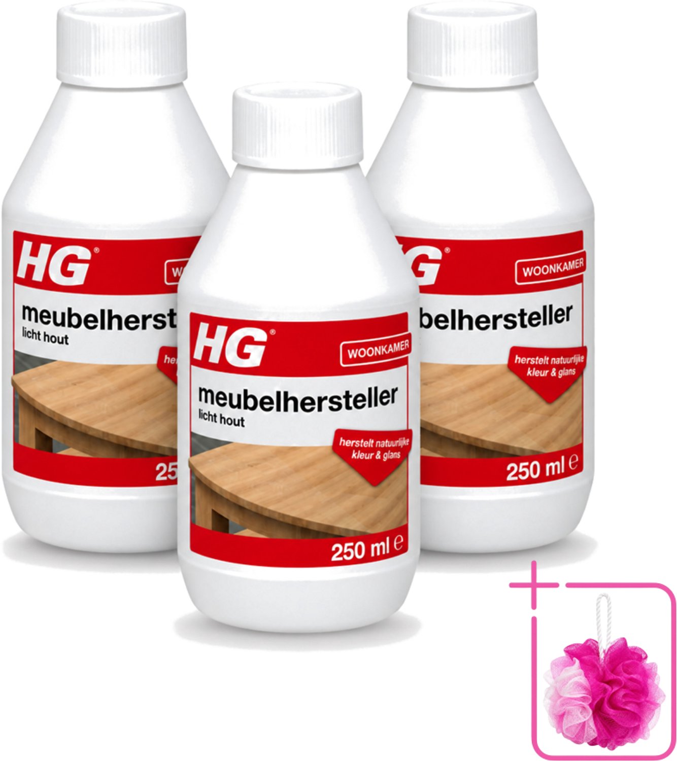 3 x HG - Meubelhersteller Licht Hout - Herstelt Natuurlijke Kleur & Glans - 250 ml - Bulkverpakking - Houtverzorging - Douchemop - Hout herstellen