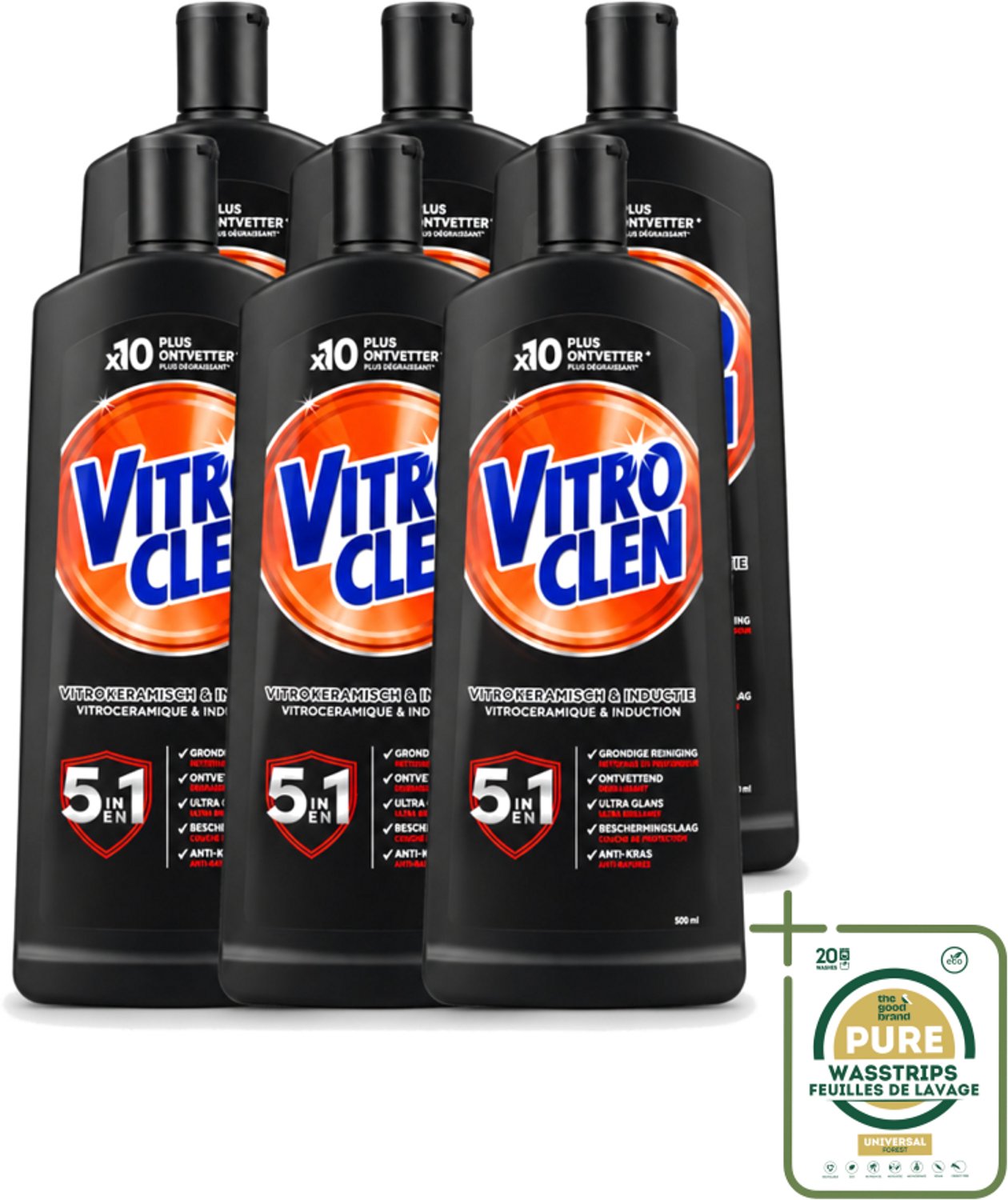 6 x Vitroclen - Kookplaatreiniger - Keramisch & Inductie - 5 in 1 - 500 ml - Wasstrips - Keramische Kookplaat Reinigen - Inductiekookplaat Reinigen - Kookplaat Reiniger - Kookplaat Beschermen - Vlekken Verwijderen