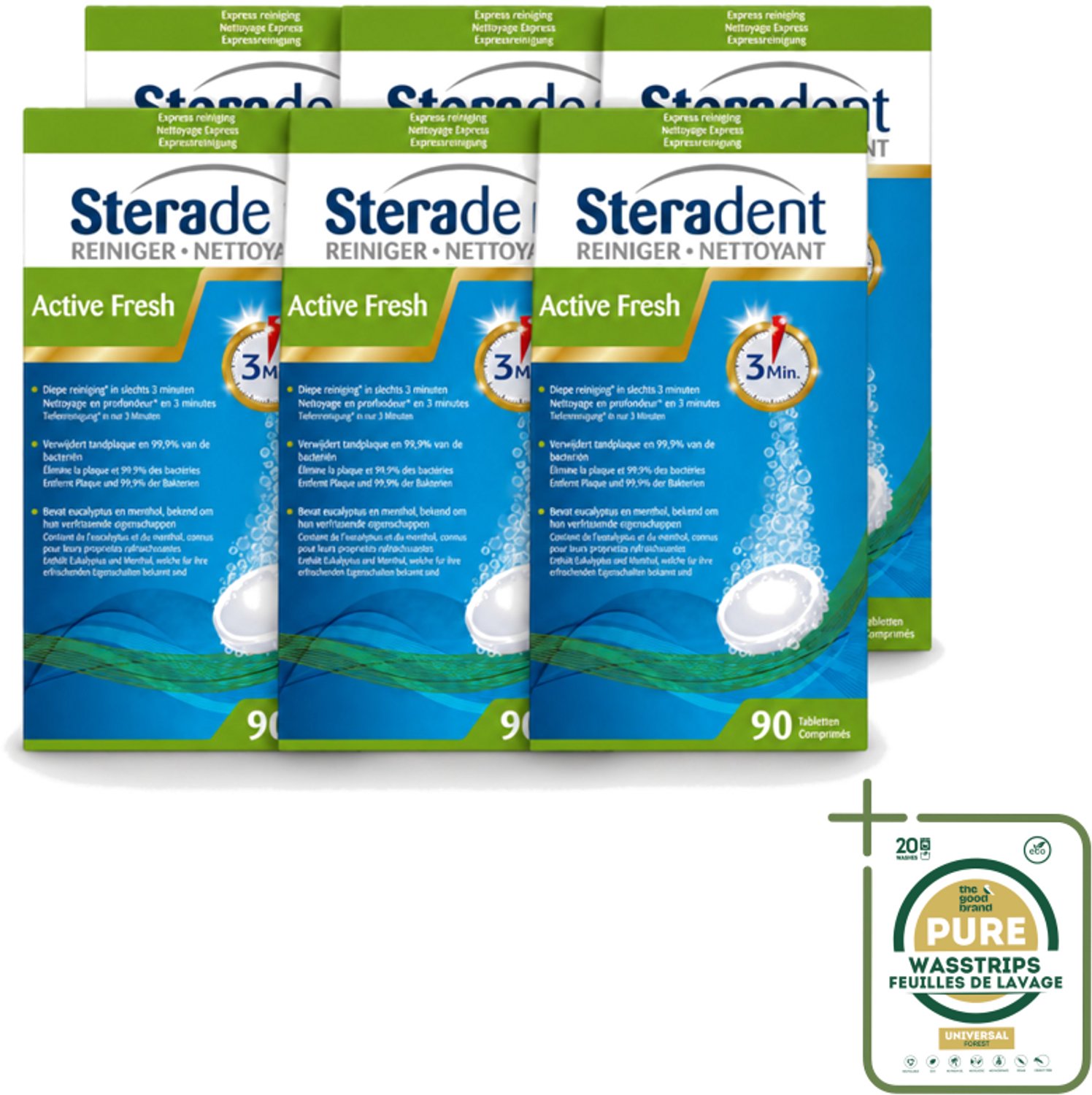 6 x Steradent - Kunstgebitreiniger - Active Fresh - Menthol En Eucalyptus - 90 Tabletten - Wasstrips - Kunstgebit Reinigen - Kunstgebit Reiniging - Kunstgebit Reiniging Tabletten - Kunstgebit Frisheid - Kunstgebit Geur