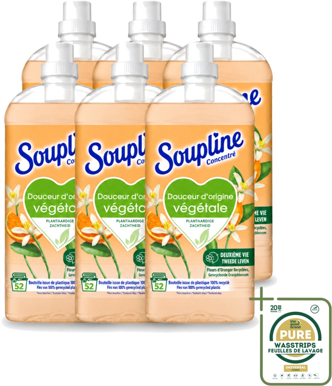 6 x Soupline - Wasverzachter - Oranjebloesem - 52 Wasbeurten - 1.3L - Wasstrips - Wasverzachter - Plantaardige Zachtheid - Oranje Bloesem - Zachte Was - Natuurlijke Zachtheid