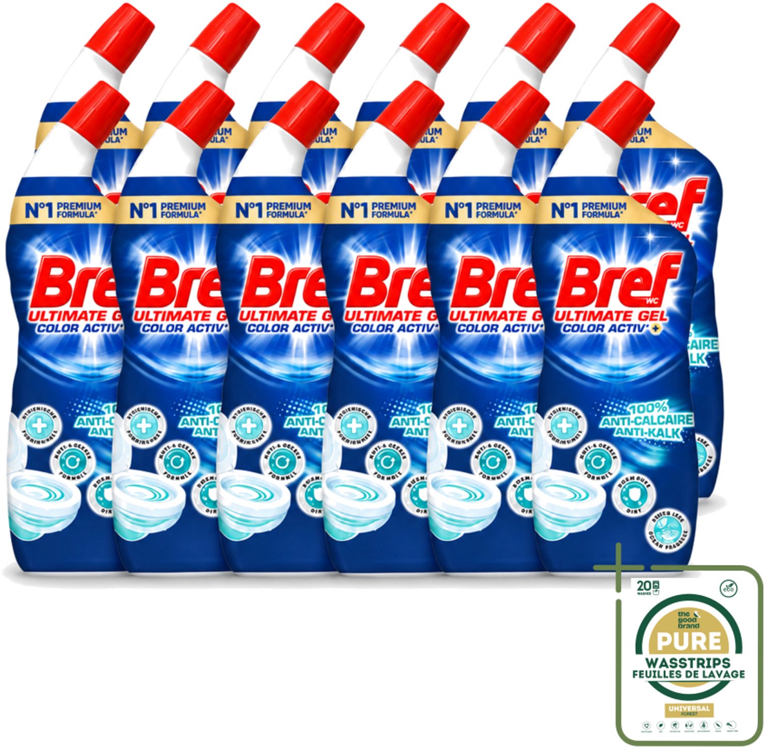 12 x Bref WC - Color Activ+ - Toiletreiniger - Gel - Anti-Kalk - Oceaan - 700 ml - Wasstrips - Toilet Reinigen - Anti-kalk - Oceaanfrisse Geur - Toilet Reinigingsgel - Toilet Schoonmaken