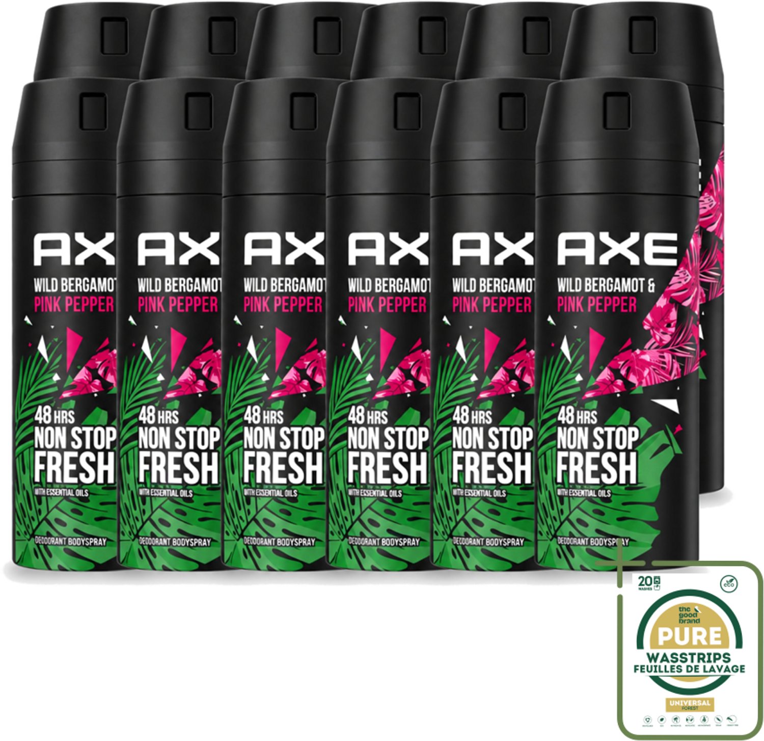 12 x Axe - Deodorant Bodyspray - 48hrs Fresh - Wild Bergamot & Pink Pepper - 150 ml - Wasstrips - 48 Uur Bescherming - Zweetbestendig - Geurbestendig - Bergamot - Roze Peper