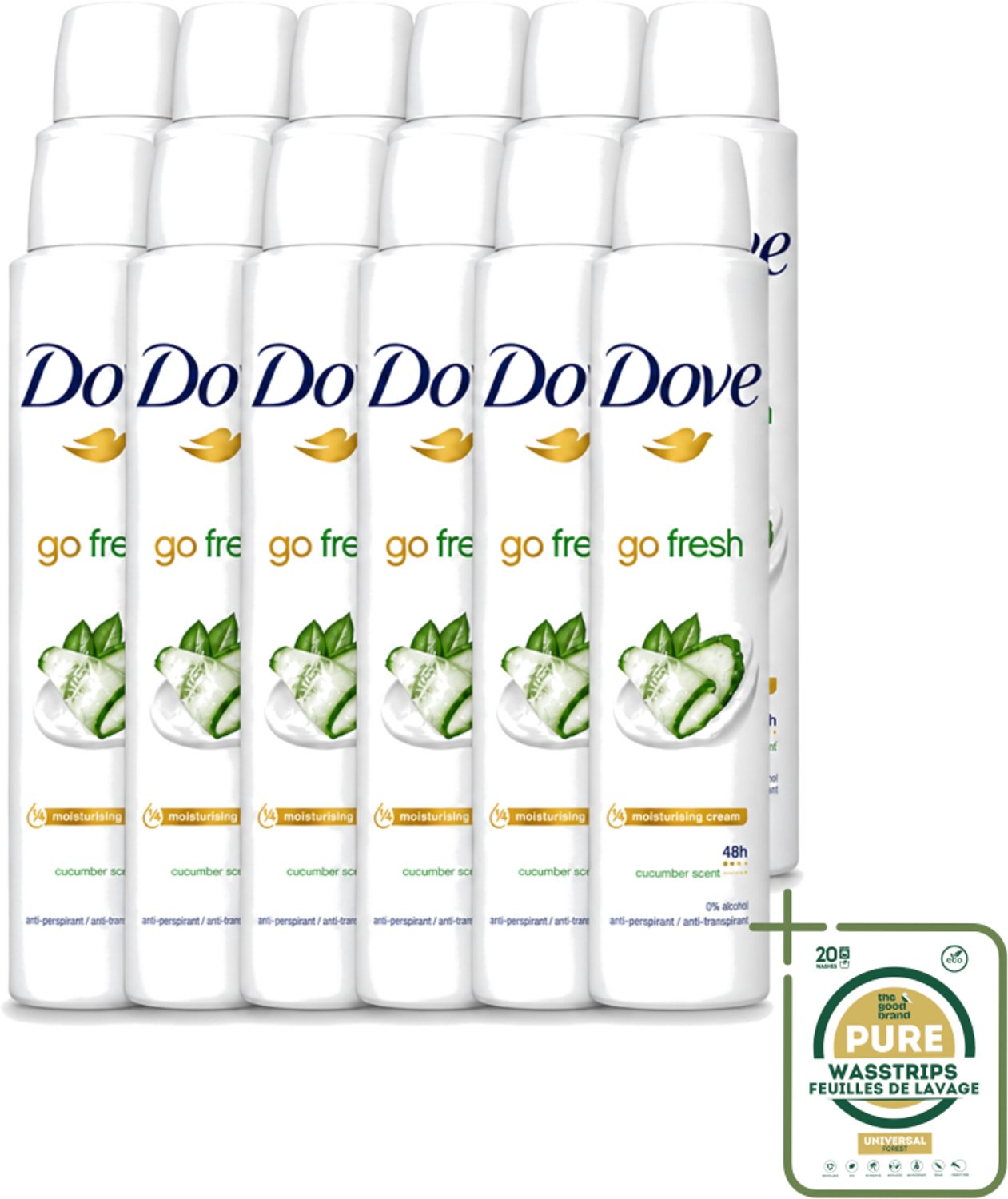 12 x Dove Go Fresh - Deospray - Groene Thee & Komkommer - 200 ml - Wasstrips - Dove Go Fresh Deospray Groene Thee & Komkommer - Frisheid - Transpiratie Bescherming - Geur - Oksel Crème