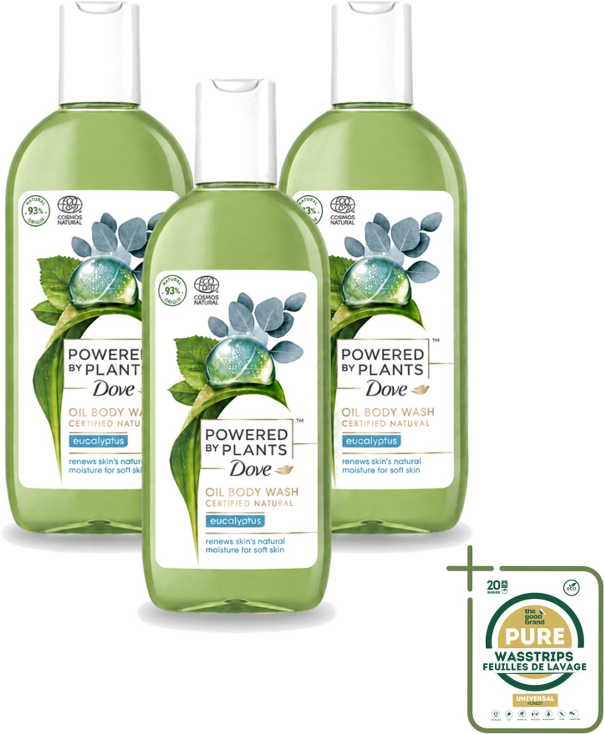 3 x Dove Powered by Plants - Oil Body Wash - Eucalyptus - 250 ml - Wasstrips - Natuurlijke Verzorging - Eucalyptus - Olie - Lichaamsschoonmaak - Hydraterende Douche
