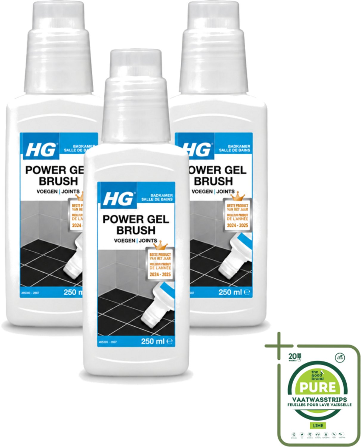 3 x HG - Badkamer - Voegenreiniger - Power Gel Borstel - 250 ml - Grootverpakking - Vaatwasstrips - Voegen Reinigen - Voegen Reiniger - Voegen Schoonmaken - Voegen Reinigen Gel - Voegen Reinigen Borstel