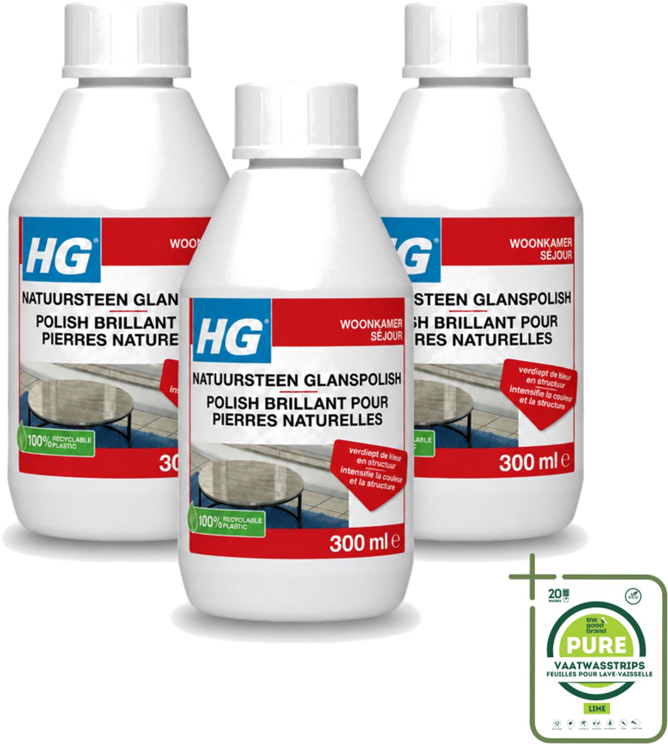 3 x HG - Natuursteen Glans Polish - Kleur & Structuur Verdiepend - 300 ml - Grootverpakking - Vaatwasstrips - Natuursteen Polish - Glanspolish - Natuursteen Onderhoud - Steen Reinigen - Steen Beschermen