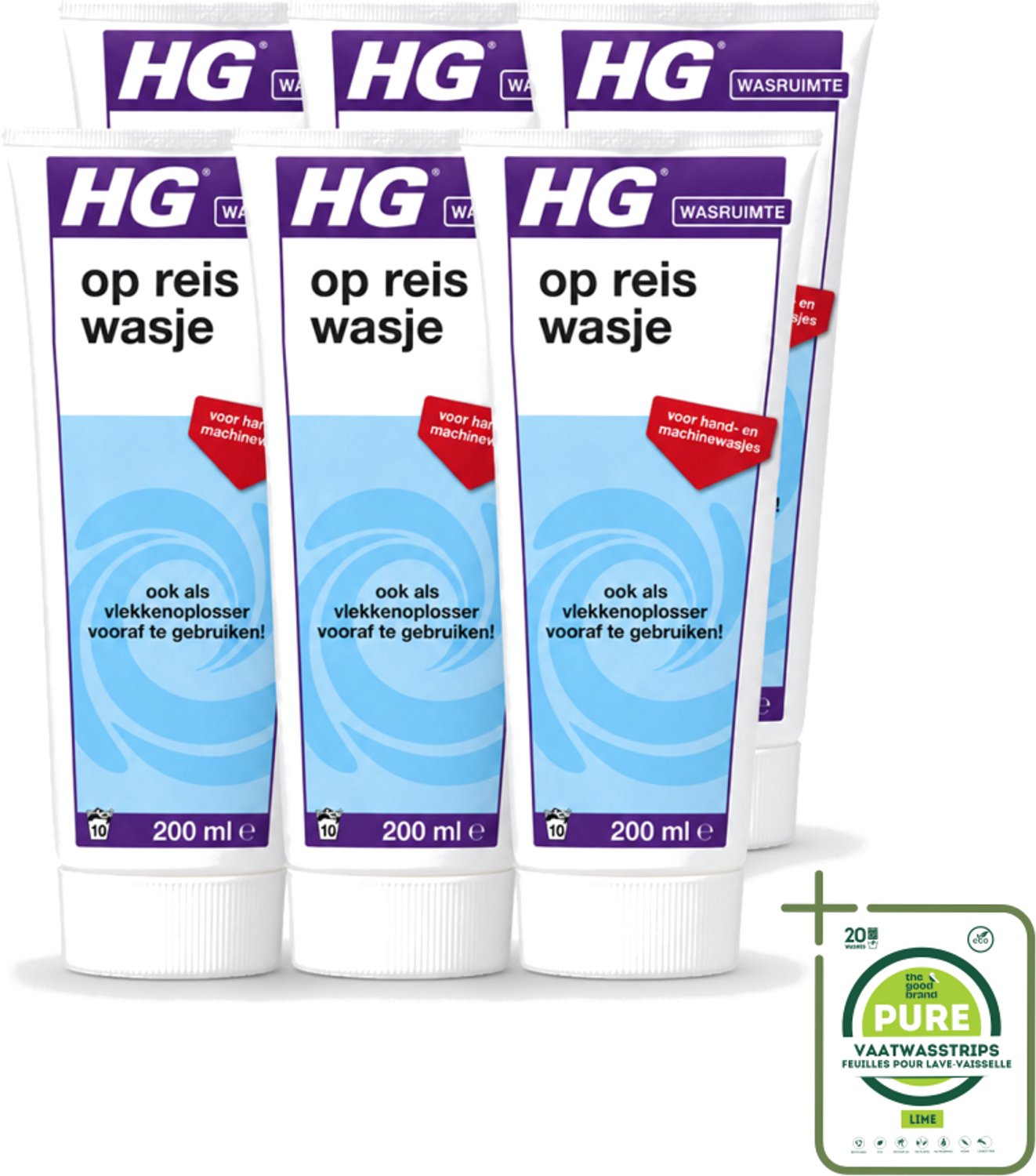6 x HG - Wasruimte - Op-Reis-Wasje - Voor Hand & Machine Wasjes - 200 ml - Grootverpakking - Vaatwasstrips - Op Reis Wasmiddel - Wasmiddel Voor Reizen - Wasmiddel Met Wasverzachter - Wasmiddel Voor Vlekken - Handwas