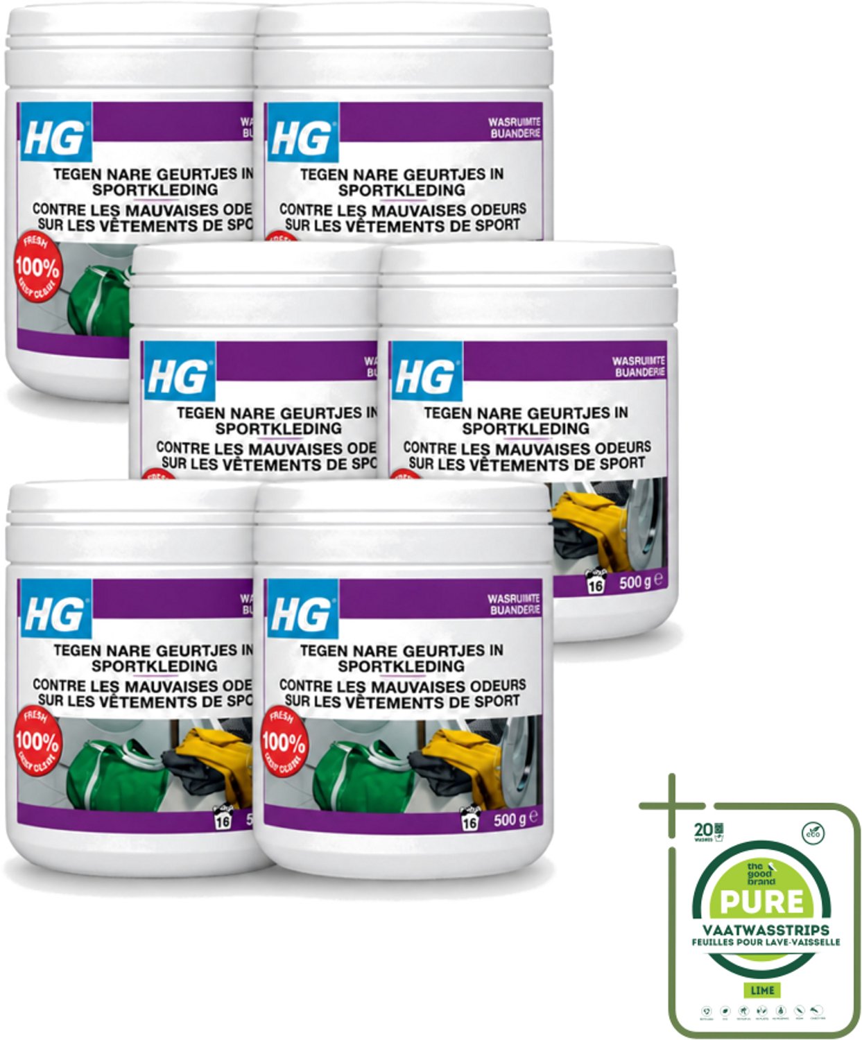 6 x HG - Wasruimte - Tegen Nare Geurtjes In Sportkleding - Wasmiddeltoevoeging - 500 g - Grootverpakking - Vaatwasstrips - Geurverwijdering Sportkleding - Stankmoleculen Verwijderen - Wasmiddel Toevoeging - Sportkleding Geur - Handdoek Geur