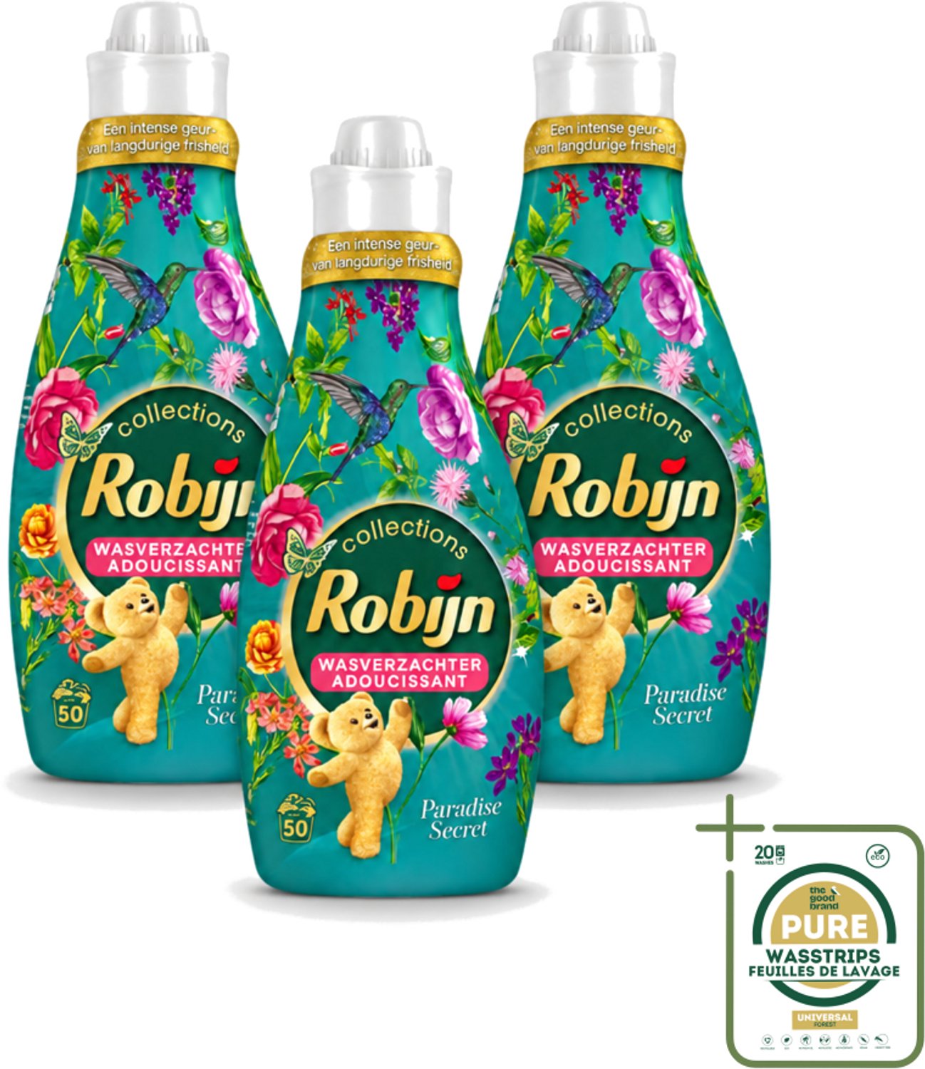 3 x Robijn Collections - Wasverzachter - Paradise Secret - 1,25L - 50 Wasbeurten - Wasstrips - Wasverzachter - Luxe Wasverzachter - Parfum Wasverzachter - Zijdezachte Wasverzachter - Wasverzachter Voor Kleding