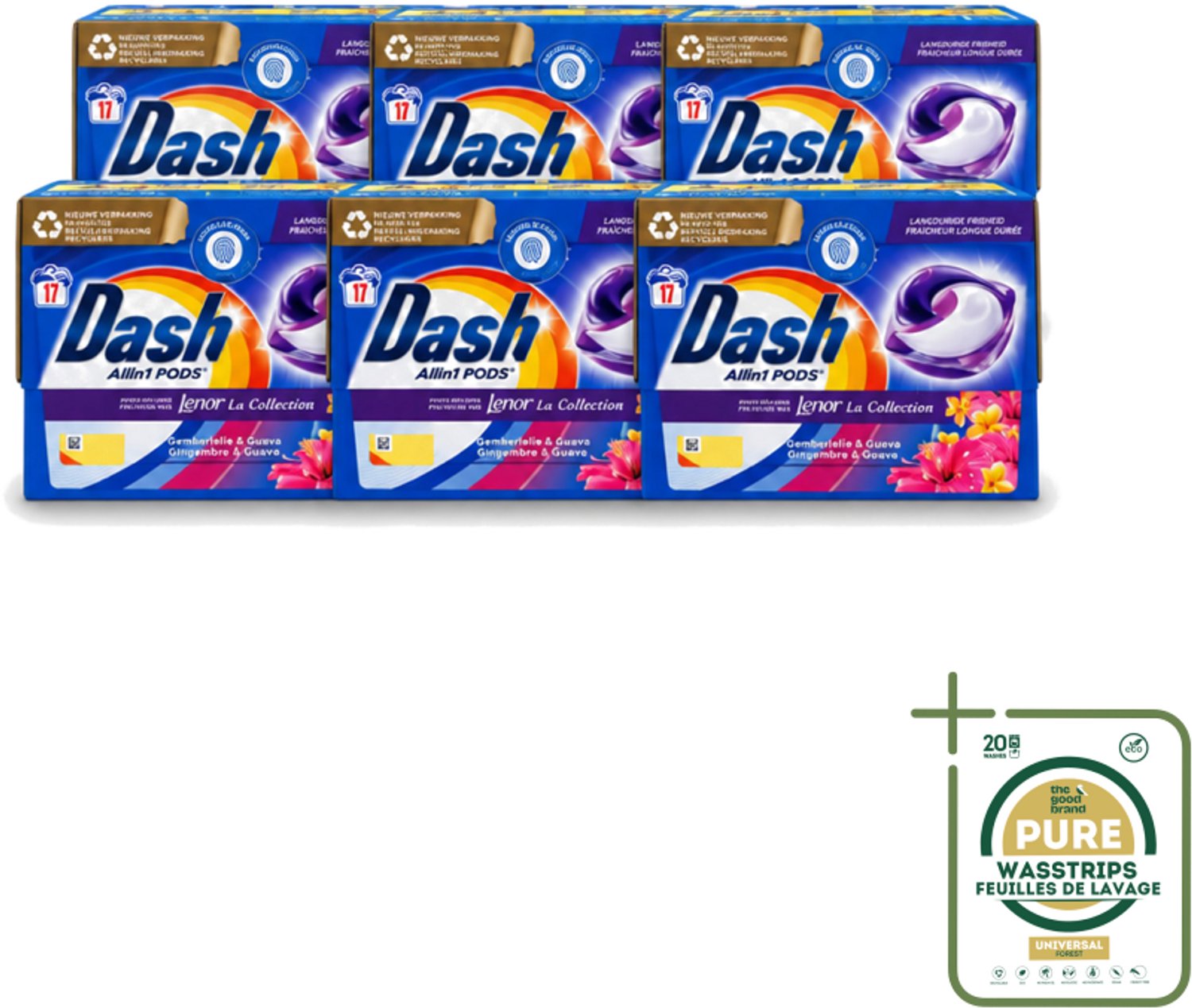6 x Dash - Lenor Collectie - Wasmiddel Capsules - All-in-1 Pods - Witte en Gekleurde Was - Gemberlelie & Guava - 17 Wasbeurten - Wasstrips - Wasmiddel Capsules - Wasmiddel Pod - Wasmiddel Wit - Wasmiddel Gekleurd - Wasmiddel Frisheid
