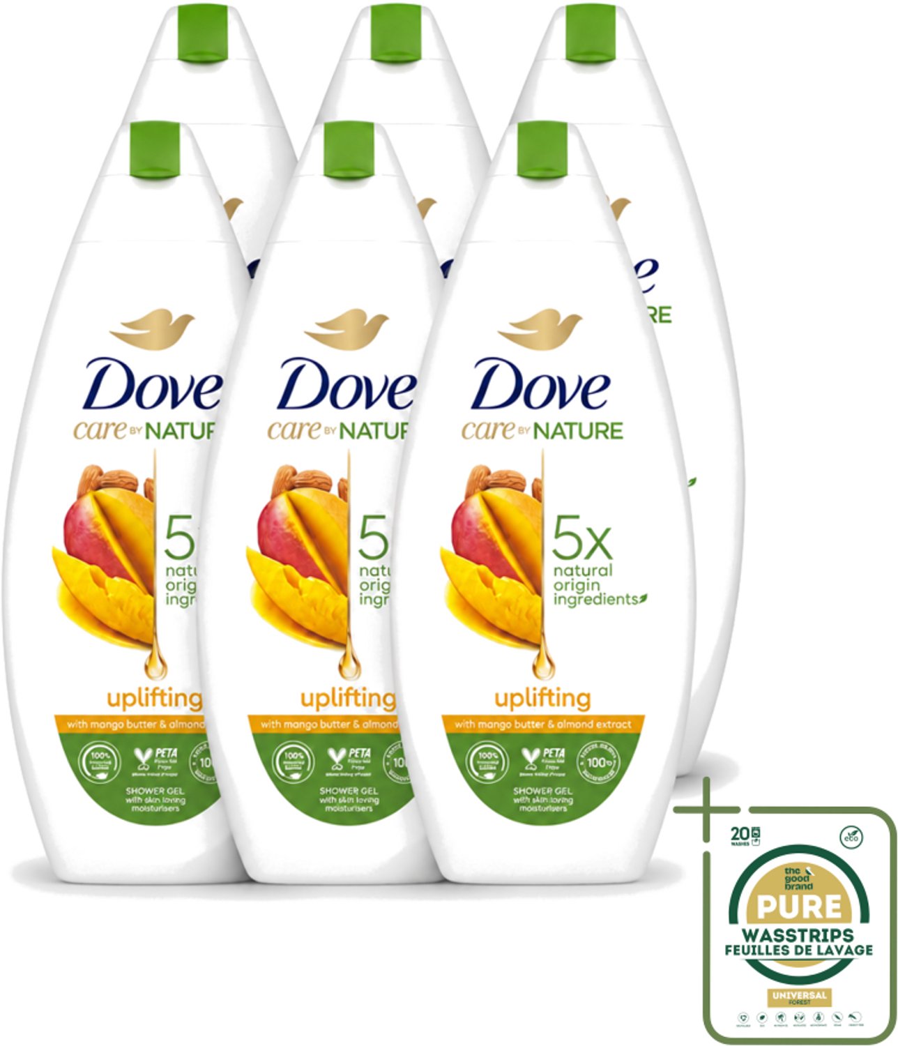 6 x Dove Care By Nature - Uplifting - Douchegel - Mangoboter & Almond Extract - 225 ml - Wasstrips - Douchegel - Huidverzorging - Opwekkende Douchegel - Hydraterende Douchegel - Mangoboter